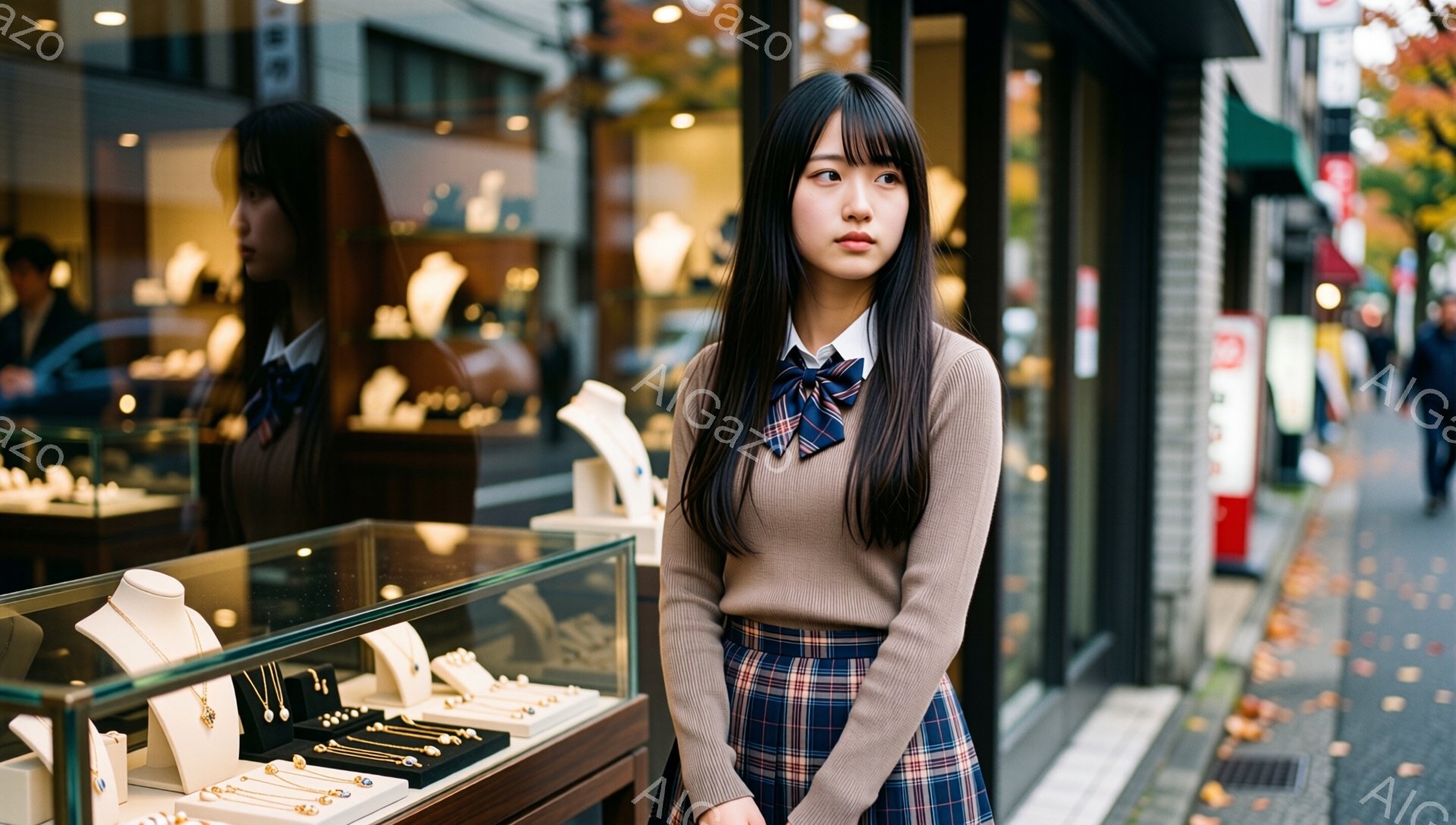 若い女性がショーウィンドウの前に立っており、ベージュ色のセーターとチェック柄のスカート、そしてネイビーの蝶ネクタイを着用しています。彼女は前髪を下ろした黒髪で、やや物憂げな表情をしています。背景には宝石店のショーケースと、葉が落ちている歩道、そして商店街の建物が見え、秋の穏やかな雰囲気が漂っています。