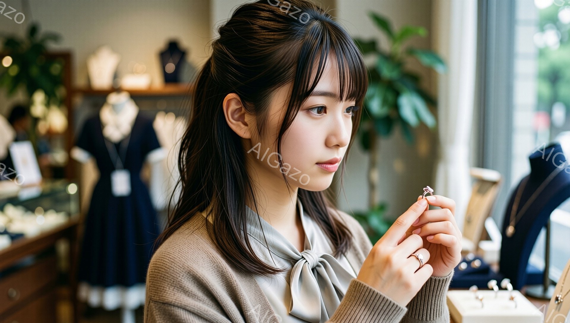 若い女性が指輪を眺めています。彼女はベージュのセーターとグレーのブラウスを着ており、髪は肩まで伸びたストレートヘアで、前髪は少し流れています。背景にはジュエリーショップが見え、マネキンやジュエリーケースが並んでおり、明るく上品な雰囲気が漂っています。
