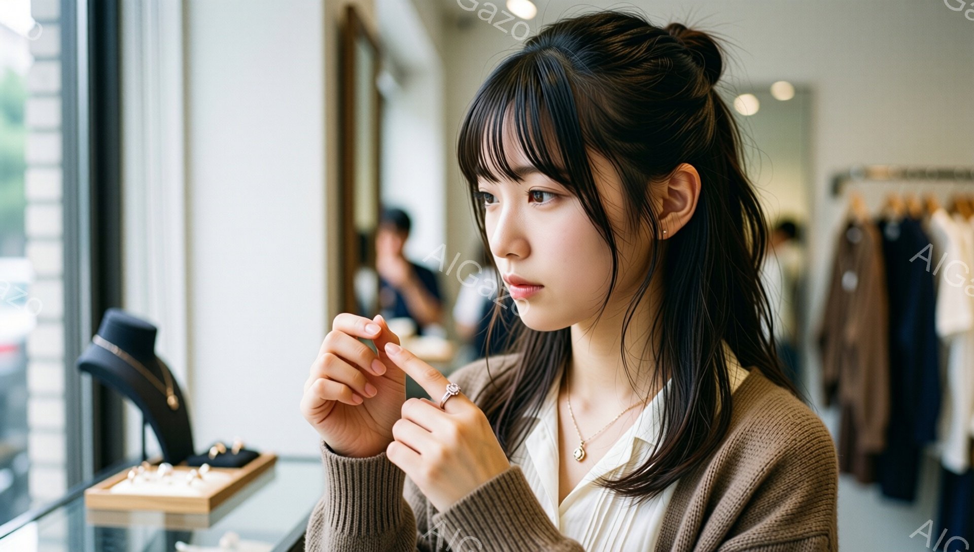 茶髪の女性が、指輪を眺めています。ベージュのカーディガンと白のブラウスを着ており、前髪を下ろした髪型に、控えめなネックレスをしています。背景は、ジュエリーショップのような店内であり、ショーケースやハンガーに吊るされた服が見えます。