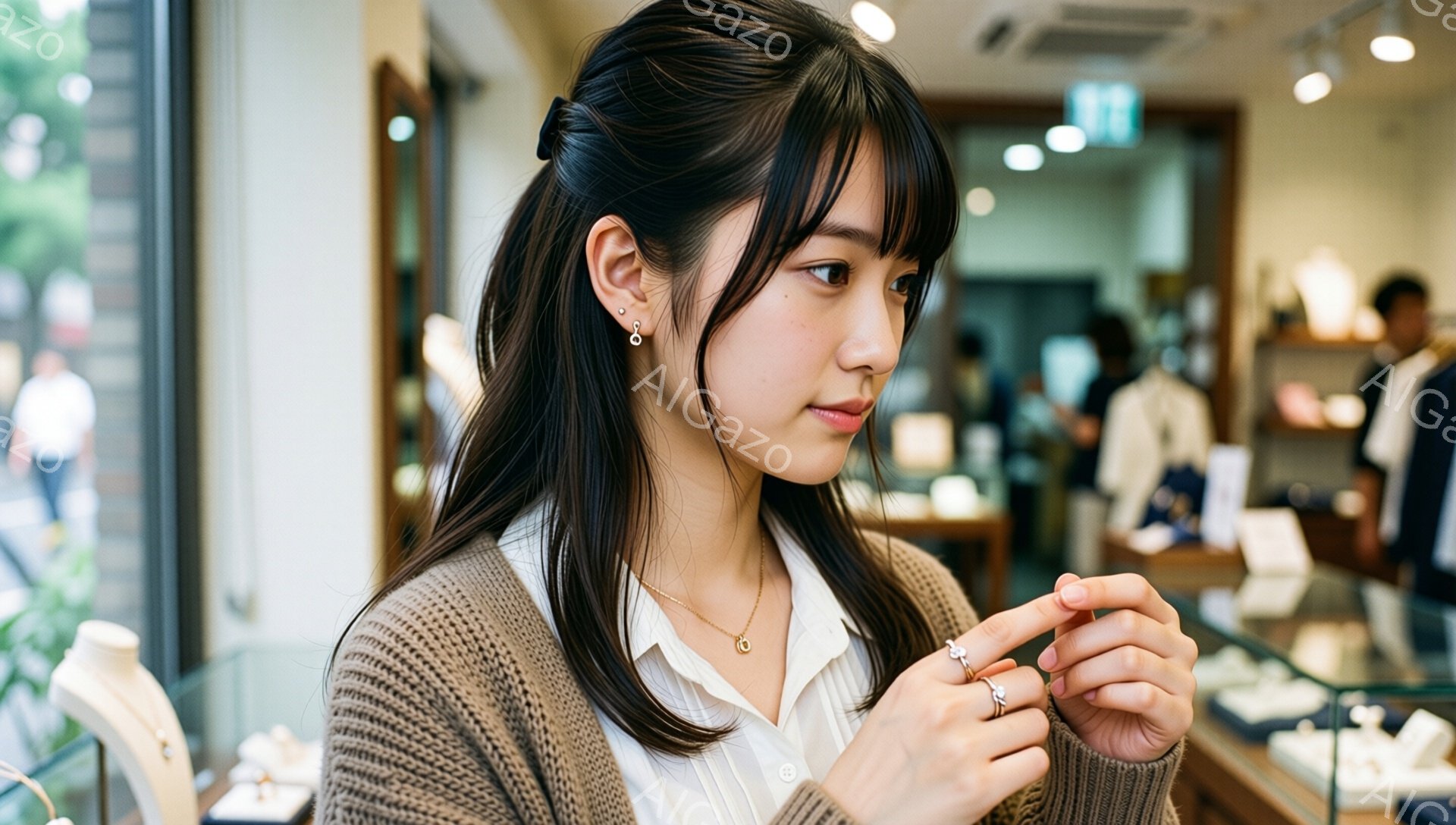 長いダークブラウンの髪は肩にかかる長さで、前髪が目にかかっています。女性は白いシャツにベージュのカーディガンを着ており、指には複数の指輪をはめて興味深そうに見ています。背景はジュエリーショップのようで、ショーケースと他の顧客が見え、明るく洗練された雰囲気が漂っています。