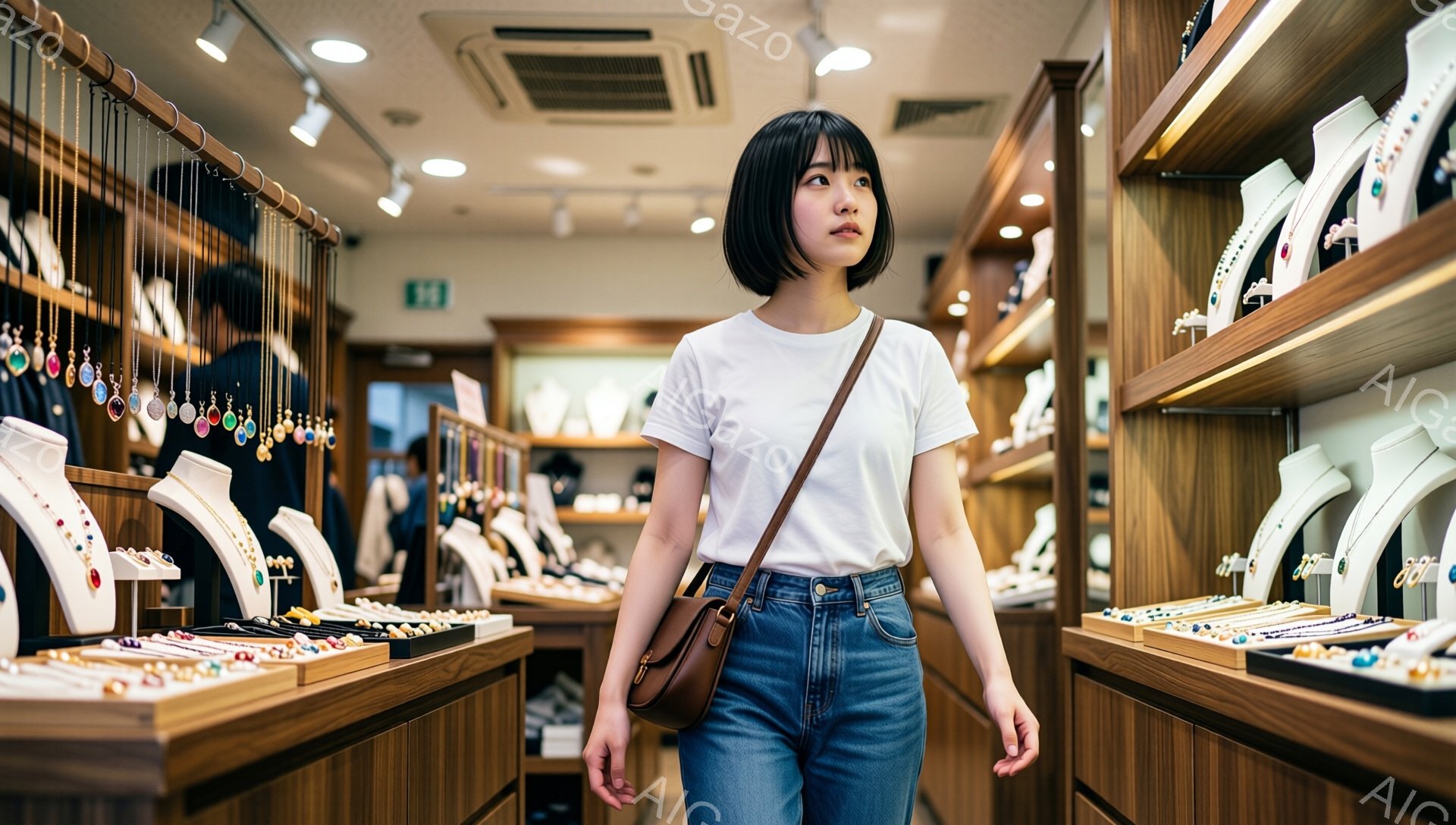 若い女性が宝石店の通路を歩いている。白いTシャツと水色のジーンズを着用し、肩から斜めがけにした茶色のショルダーバッグをかけている。彼女は少し上を見つめ、リラックスした雰囲気で、宝石店の輝く展示を見ている。