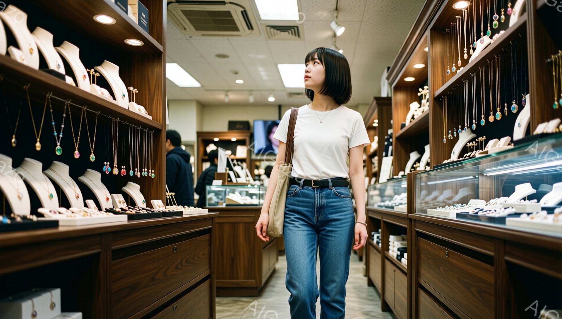 短いボブヘアの女性が、宝石店のショーケースを見上げている。白いTシャツとスキニージーンズを着用し、肩にベージュのバッグをかけている。木製のショーケースには、様々なネックレスや宝石が並び、店内は明るく、落ち着いた雰囲気だ。