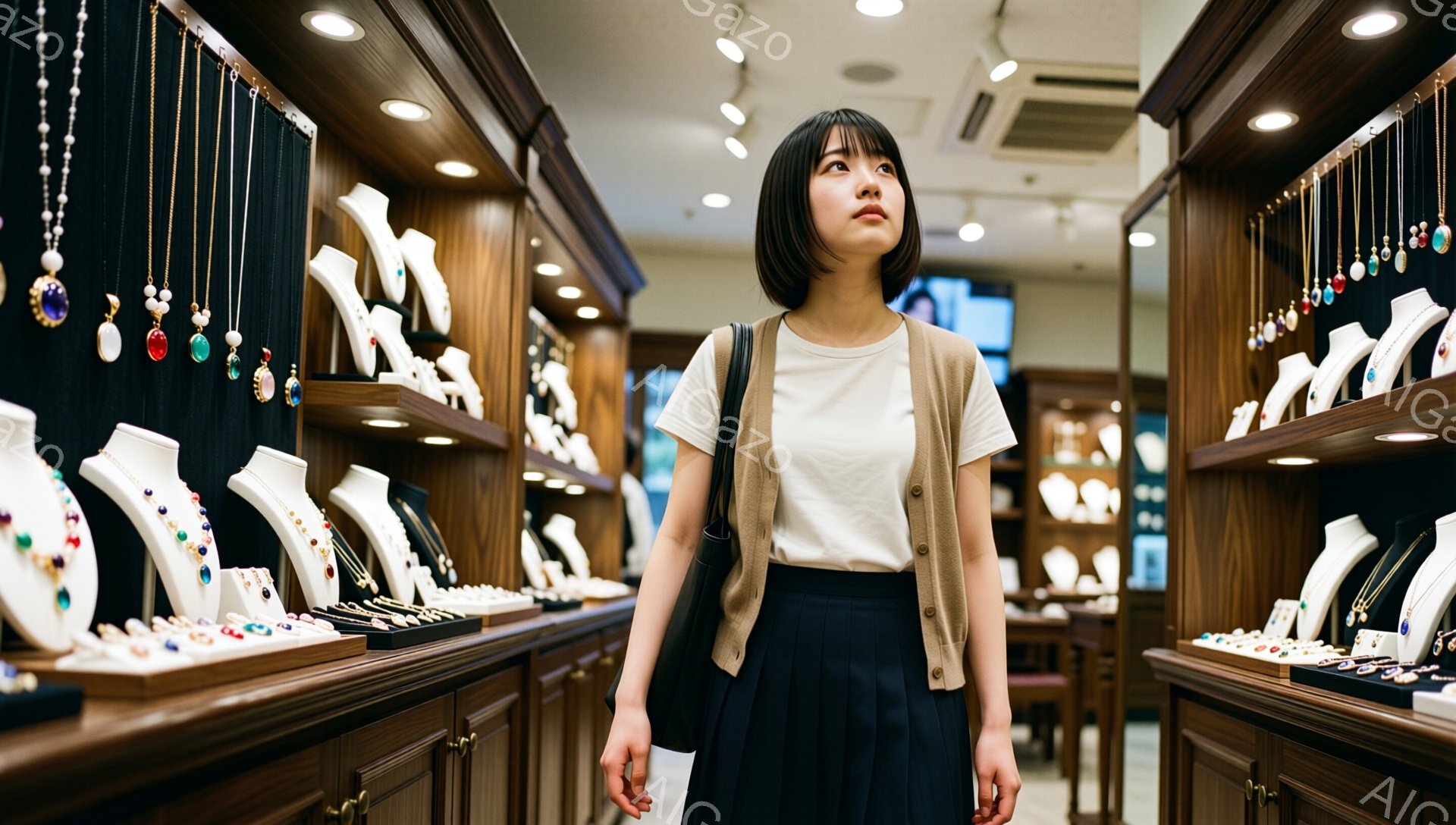 画像には、ジュエリーショップで上を見ている若い女性が写っています。彼女は白いTシャツにベージュのカーディガン、紺色のプリーツスカートを着用し、肩にバッグをかけています。背景には、様々なデザインのネックレスが並んだショーケースが整然と並んでおり、暖色系の照明が上品な雰囲気を醸し出しています。