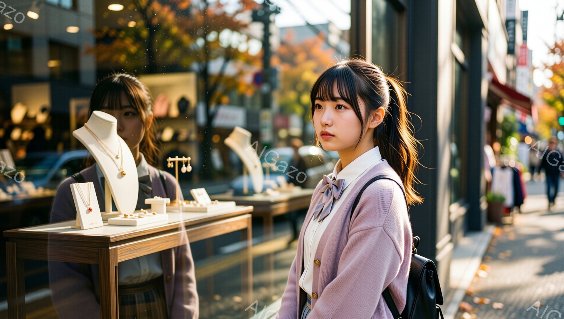 若い女性が街のショーウィンドウの前に立っている。彼女は白いシャツにピンクのカーディガン、茶色のチェックのスカートを着用し、リュックサックを背負っている。彼女は少し憂いのある表情で、どこか遠くを見つめている。
