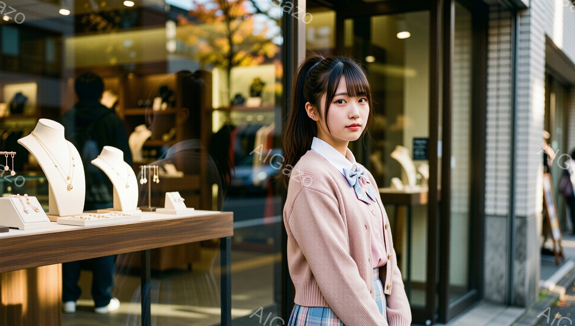 若い女性が、ベージュ色のカーディガンとチェック柄のスカートを身に着けて、ガラス張りのショーウィンドウの前で立っている。彼女は髪をポニーテールにし、少し微笑んでこちらを見ている。背景には宝石店のショーケ - AI生成フリー素材