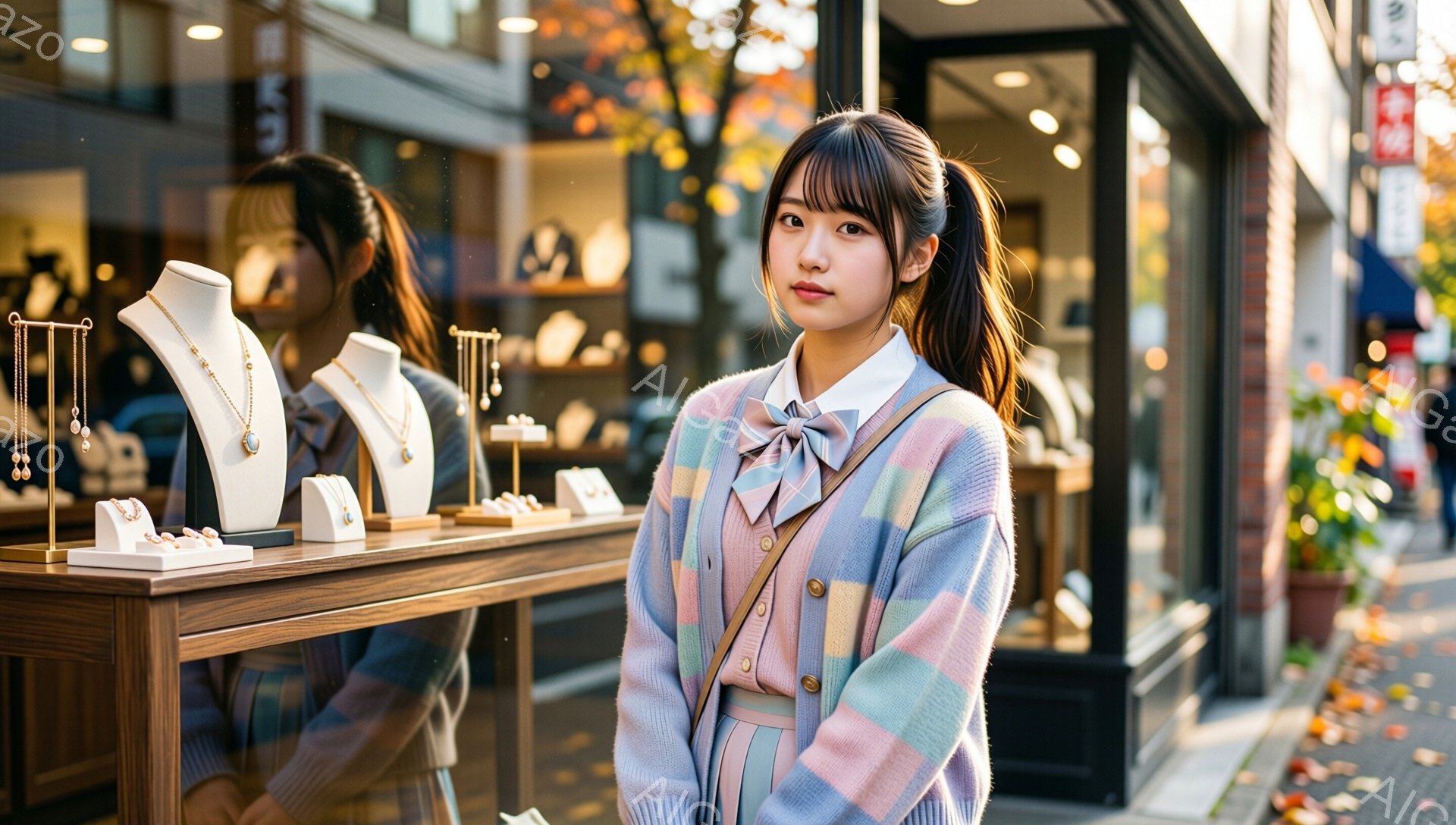 若い女性が、窓ガラス越しにジュエリーが並んだショーケースの前で立っている。彼女はパステルカラーのチェック柄カーディガンに、白いシャツと水色のスカートを合わせ、髪はハーフアップにしており、表情はややクールで落ち着いている。背景には石造りの建物と、秋らしい色づいた植物が見え、晴れた日の穏やかな雰囲気が漂っている。