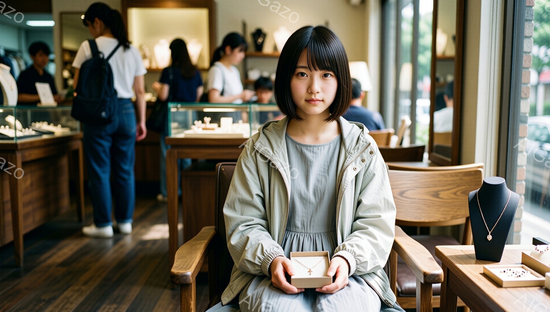 画像は、窓際で椅子に座る若い女性を捉えています。彼女はライトグレーのパーカーと、くすんだ緑色のワンピースを着ており、前髪を短く切り揃えたヘアスタイルです。彼女は両手で小さな開いた箱を持ち、中にはネックレスが入っているようで、控えめな表情でカメラを見つめています。