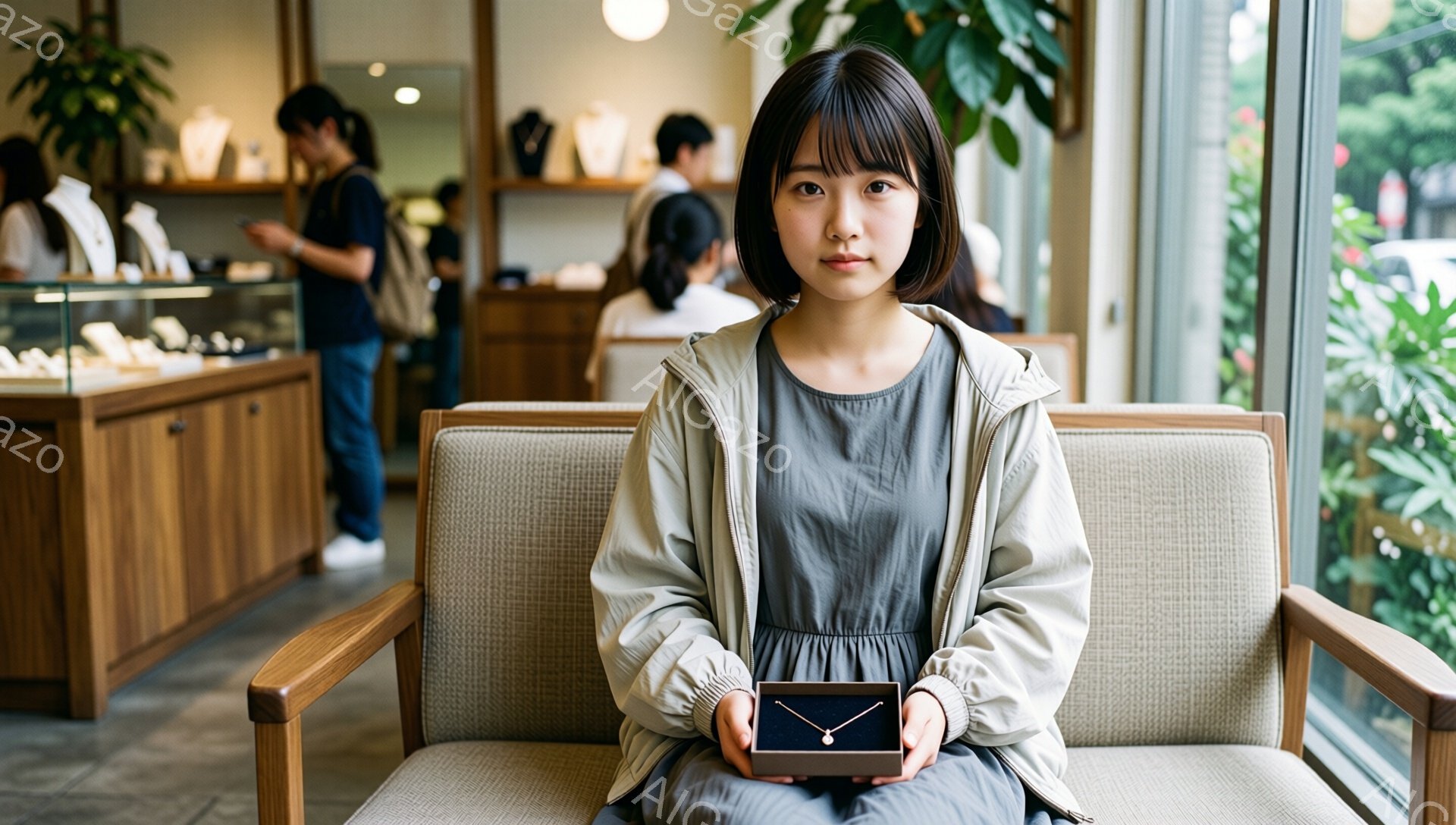 画像には、明るい髪の女性がベージュ色のソファに座っており、両手で小さな黒い箱を抱えています。彼女はカジュアルなグレーのワンピースと、ライトグレーのジャケットを着ており、前髪を伸ばしたショートヘアです。背景には、ジュエリーケースが並んだ店舗内部と、窓の外には緑豊かな木々が見え、晴れた日の穏やかな雰囲気が漂っています。