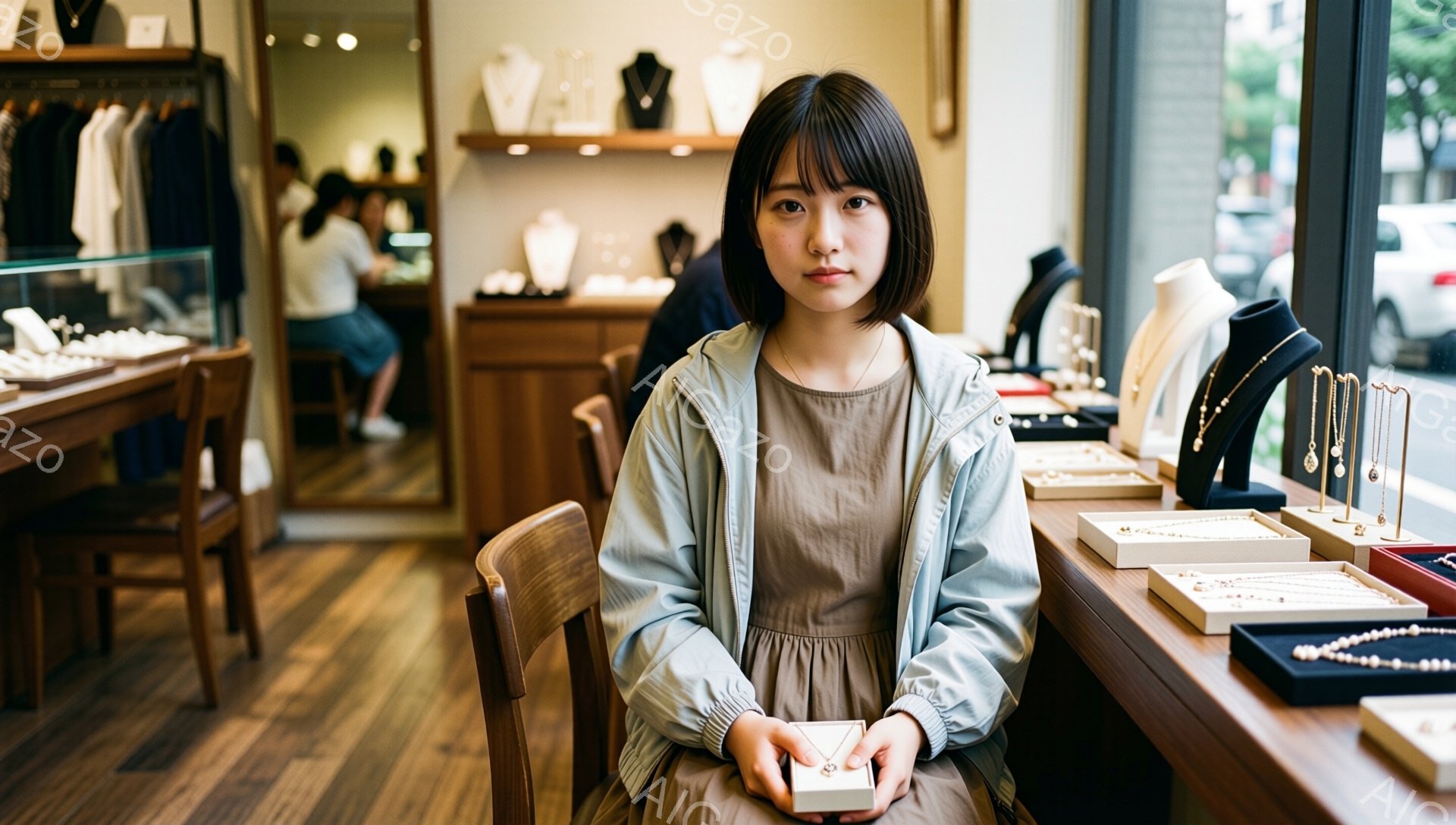 若い女性が薄茶色のワンピースに薄いブルーのジャケットを羽織って座っており、手に白い小さな箱を持っています。彼女は黒髪のボブヘアで、表情は穏やかで、少し内気な印象です。背景にはジュエリーが並んだショーケースと、窓の外には建物が見え、店内の明るい光が暖かく落ち着いた雰囲気を醸し出しています。