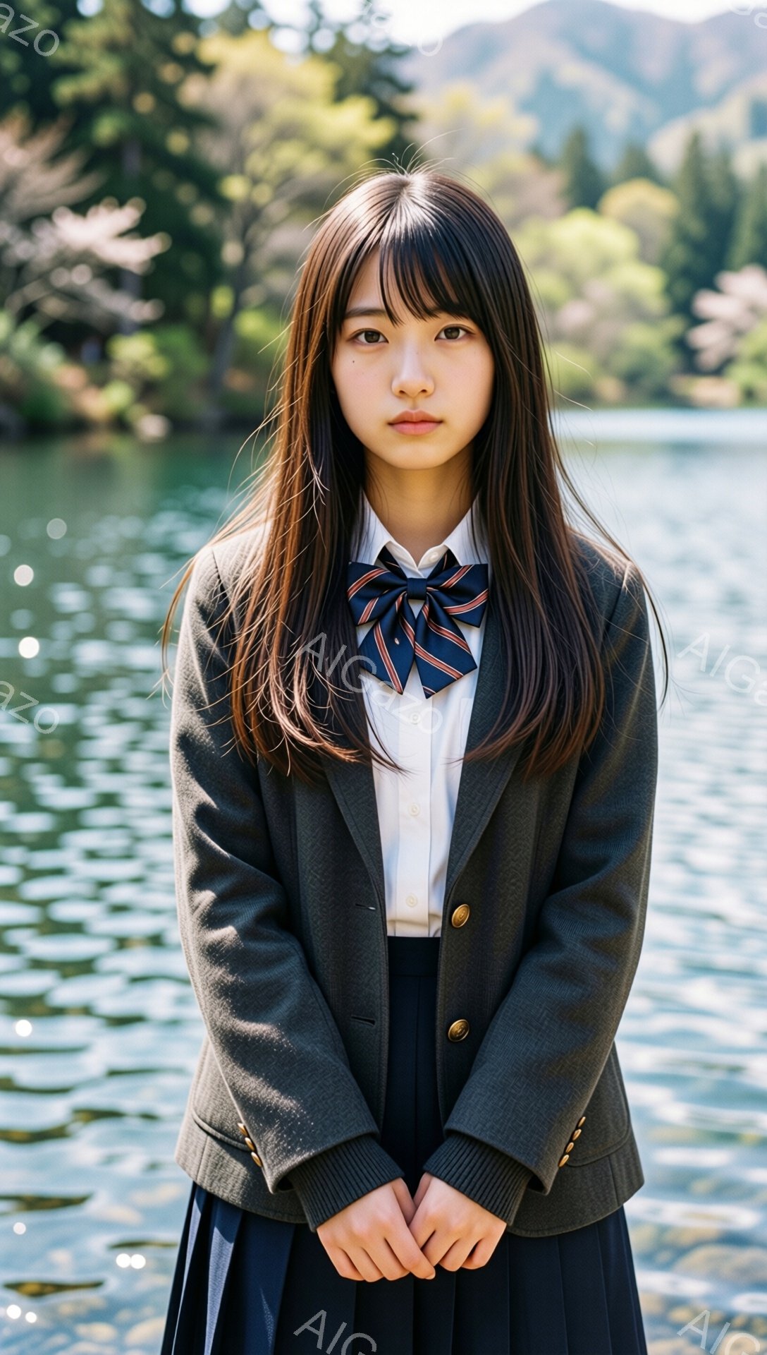 長い黒髪で、前髪は眉毛にかかるようにカットされた女性が写っています。彼女はセーラー服のような制服を着ており、ネクタイは青とグレーのストライプです。背景には穏やかな湖と緑豊かな山々が広がり、晴れた日の穏やかな雰囲気を醸し出しています。