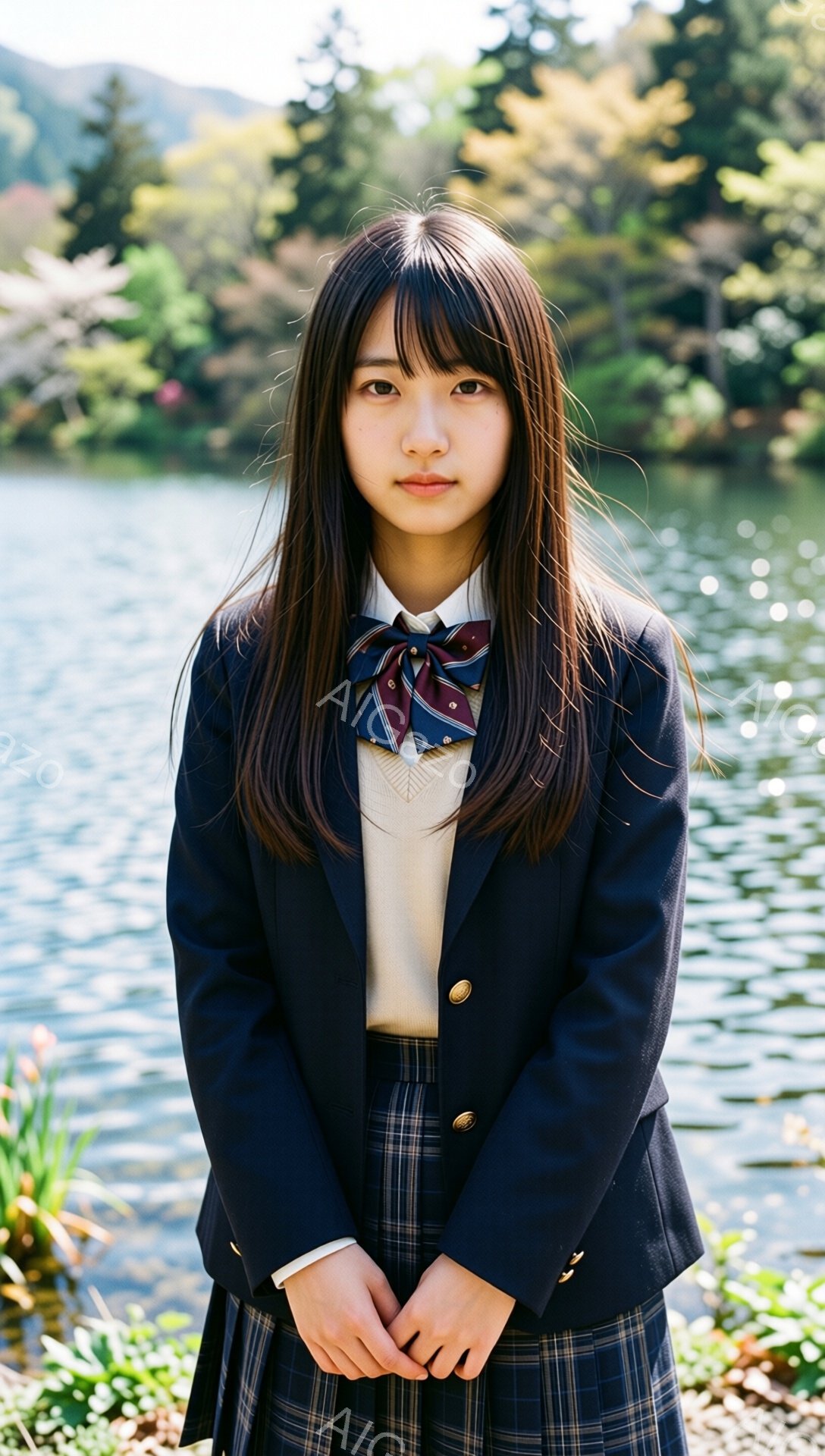 制服を着た若い女性が写っている。紺色のブレザー、チェック柄のスカート、クリーム色のセーター、赤いリボンが特徴的で、長い黒髪はストレートで、前髪が眉毛にかかっている。背景には水面が輝く湖と緑豊かな植物が見え、穏やかで落ち着いた雰囲気である。