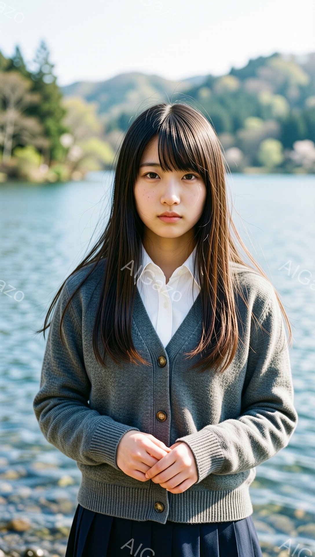 長い茶色の髪の女性が、白いシャツと灰色のカーディガン、濃い青色のスカートを着ています。彼女は穏やかな表情で、両手を前に重ねています。背景には水面と緑豊かな山々が広がり、晴れた日の穏やかな雰囲気が漂って - AI生成フリー素材