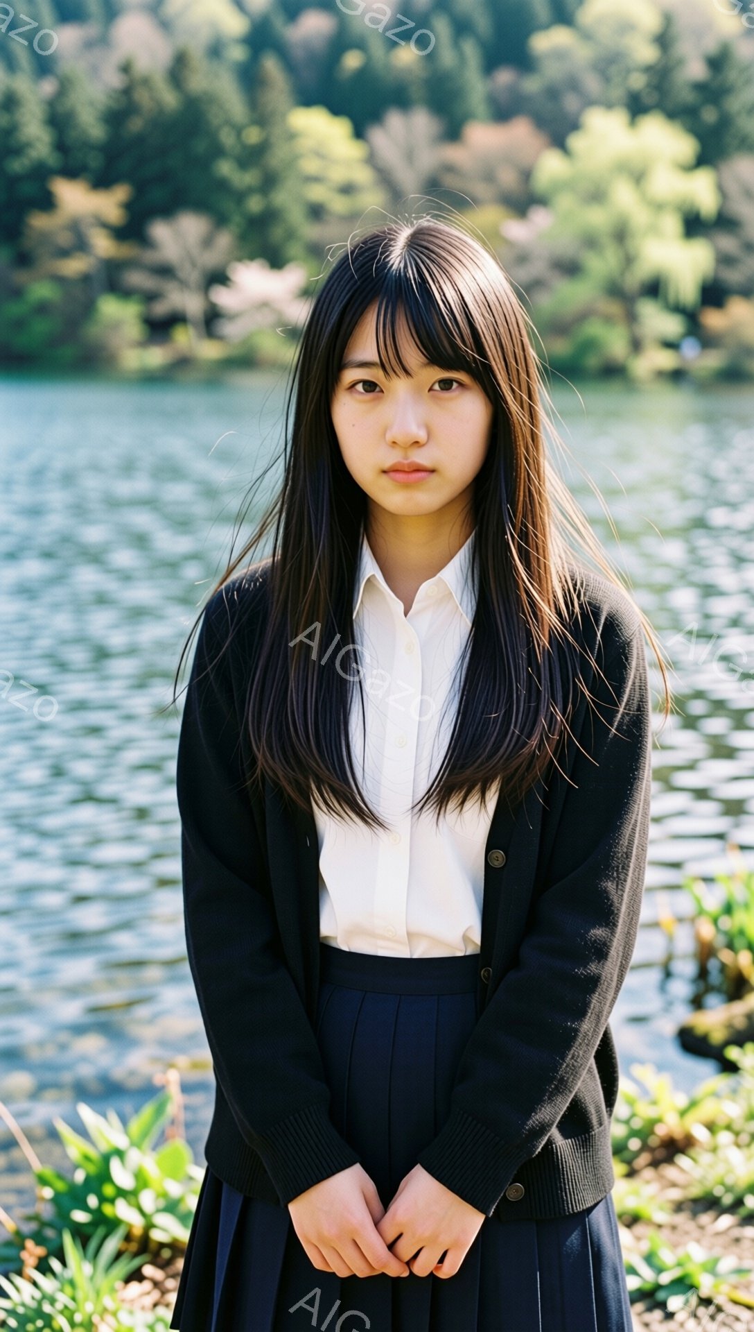 長い黒髪に前髪ぱっつんの女性が、白いシャツと黒いカーディガン、プリーツスカートという制服姿で立っている。彼女は両手を前に重ねており、表情は穏やかで少し憂いを帯びているように見える。背景には水面が輝く湖と緑豊かな植物があり、春の穏やかな日差しが感じられる。