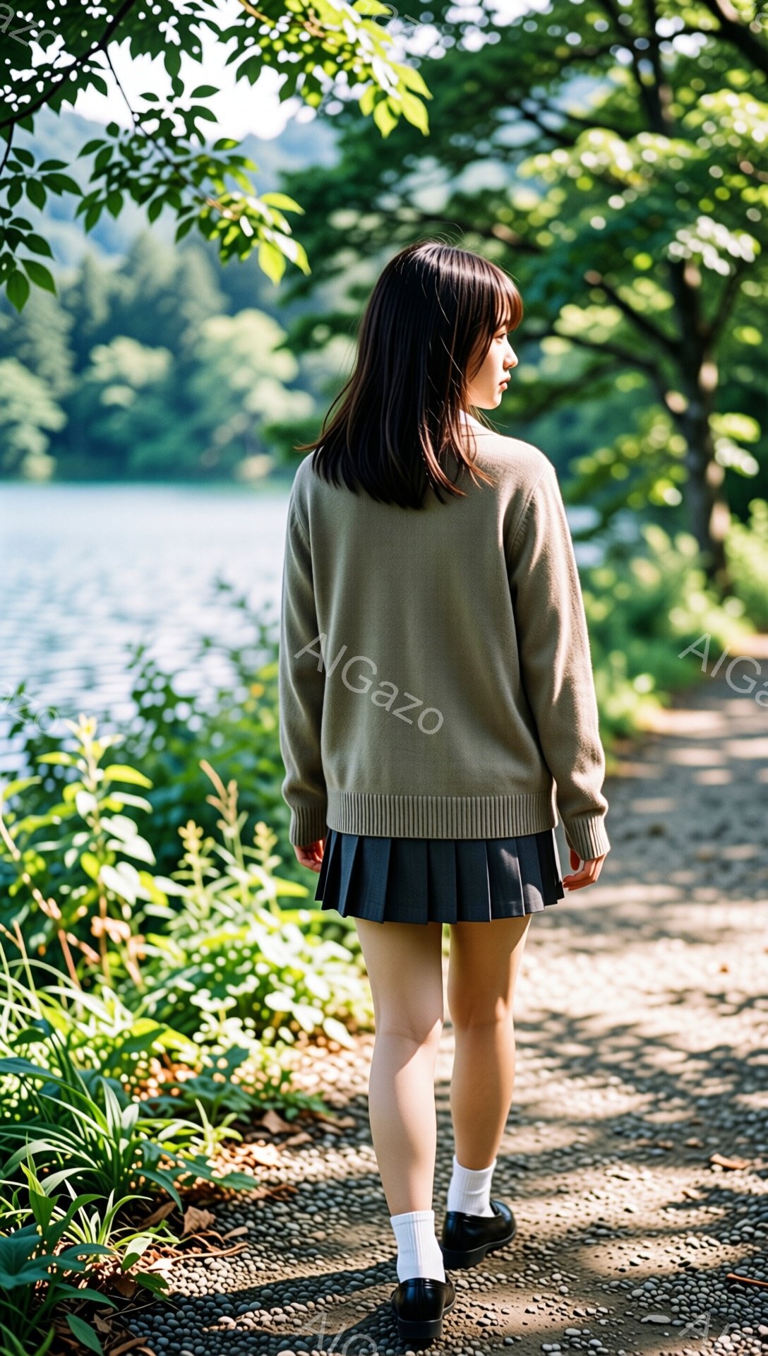 長い黒髪の女性が、ベージュのカーディガンと黒のプリーツスカート、白い靴下と黒い靴を履いて、小道の中を歩いています。彼女は後ろ姿で、少しうつむき加減です。背景には緑豊かな木々や植物が生い茂り、水面がキラ - AI生成フリー素材