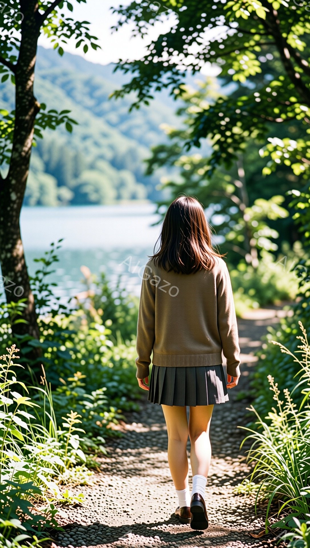 緑豊かな並木道を、茶色のセーターとプリーツスカートを身に着けた女性が歩いている。彼女は後ろ姿で、黒髪のロングヘアは背中に伸び、白い靴下と黒い靴を履いている。背景には、緑豊かな山々と穏やかな湖が広がり、自然の中で静かで平和な雰囲気を醸し出している。