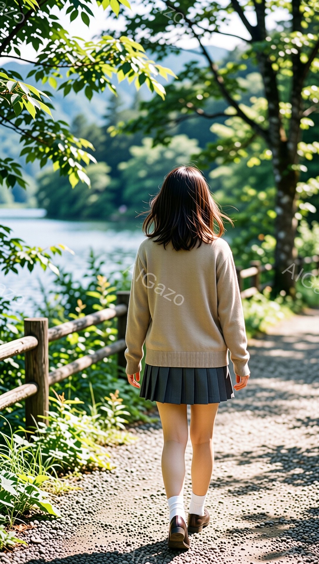 若い女性が背中を見せて、自然の小道を歩いている様子が写っている。ベージュ色のセーターとグレーのプリーツスカート、白いソックスと黒い靴を履いている。背景には緑豊かな木々、フェンス、そして水面が見え、穏やかで平和な雰囲気が漂っている。