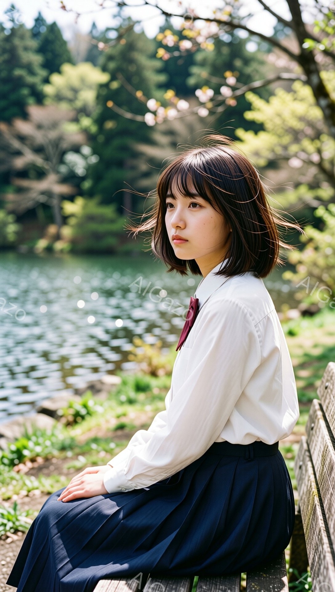 ショートヘアの女性が、白いシャツと紺色のプリーツスカート、赤いネクタイを身につけて、木製のベンチに座っています。彼女は少し憂いを帯びた表情で、遠くを見つめており、姿勢はやや猫背気味です。背景には、緑豊かな木々と水面が広がり、春の穏やかな日差しが差し込んでいます。