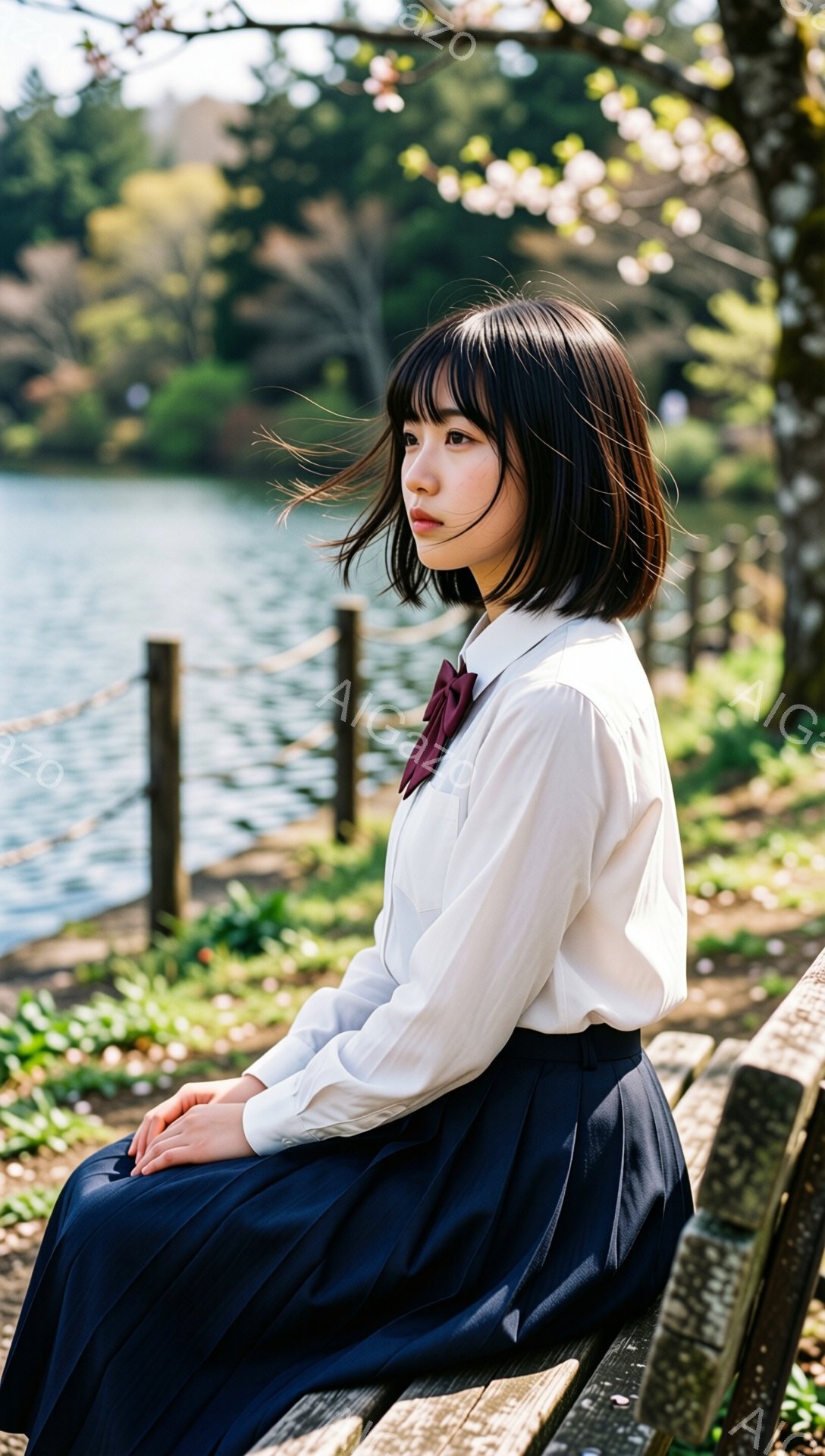 若い女性が公園のベンチに座り、湖を眺めている。彼女は白いシャツにネイビーのプリーツスカート、赤いリボンを首に巻いており、ダークブラウンのショートヘアは肩にかかっている。背景には緑豊かな木々と水面が広が - AI生成フリー素材