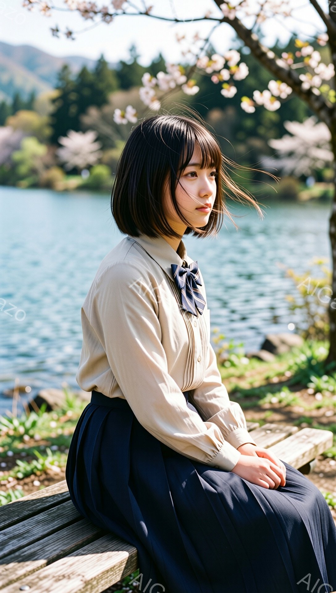 画像は、桜並木のそばの木製のベンチに座る若い女性を捉えています。彼女はベージュ色の長袖シャツに黒いプリーツスカート、そしてリボンタイを身につけ、短い黒髪をサイドパートにしています。彼女は湖を眺め、穏やかで少し憂いのある表情を浮かべており、春の穏やかな日差しが全体を包み込んでいます。