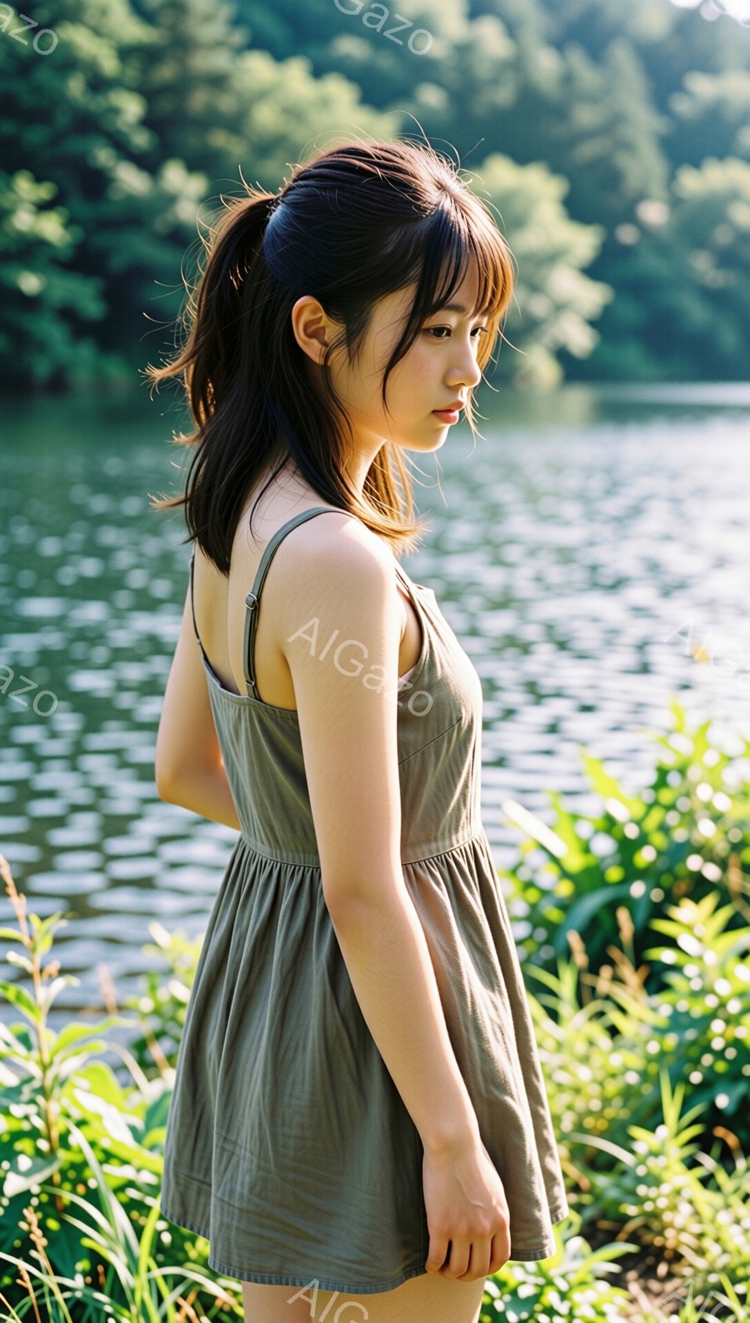 緑豊かな自然の中に立つ若い女性が写っている。彼女は肩紐のついたオリーブグリーンのワンピースを着ており、少し内巻きになった黒髪が肩にかかっている。彼女は横を向き、物憂げな表情で水面を見つめているように見える。