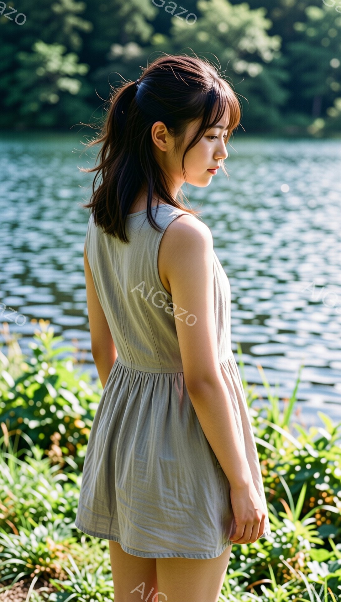 若い女性が、ベージュ色のノースリーブのワンピースを着て、緑豊かな自然の中に立っている。彼女は横顔で、少し憂いを帯びた表情で、遠くを見つめている。背景には、水面が輝く湖や緑が生い茂る植物が見え、穏やかで - AI生成フリー素材