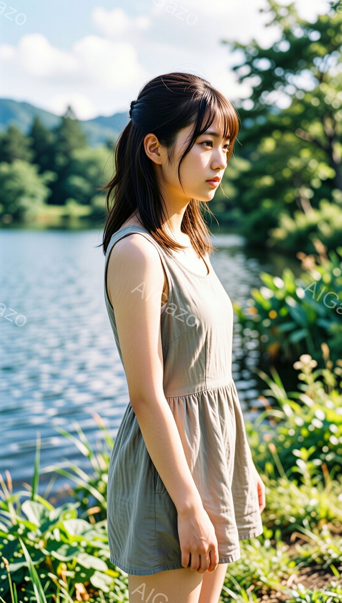 若い女性が、淡いベージュ色のワンピースを着て、湖のほとりに立っている。彼女は前方を少し見下ろし、穏やかで物憂げな表情をしている。背景には緑豊かな植物と、遠くに見える山の稜線が広がっており、水面は穏やかに輝いている。