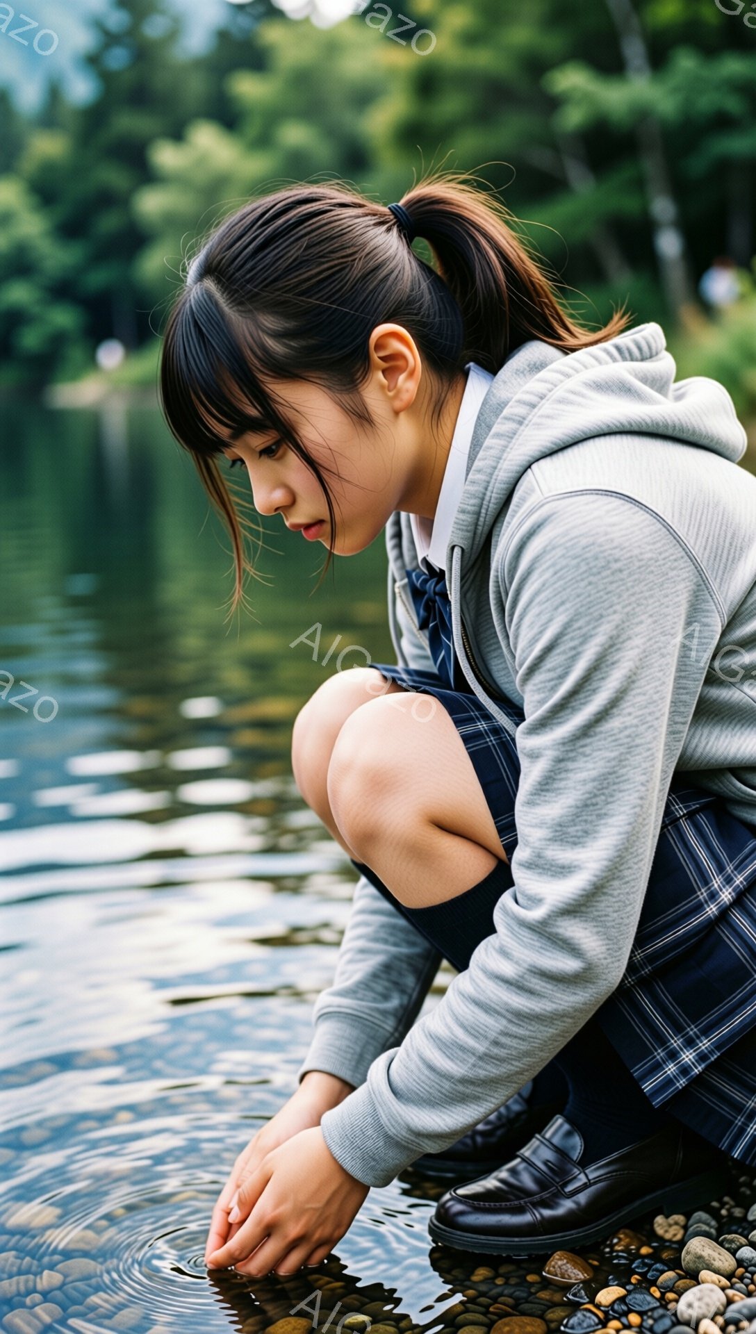 少女はチェック柄のスカートとグレーのパーカーを着て、膝を曲げて水辺に座っている。彼女は黒髪をポニーテールにし、水面に注意を払い、やや憂いを帯びた表情をしている。背景には緑豊かな木々が見え、水面には波紋が広がり、静かで物憂げな雰囲気が漂っている。