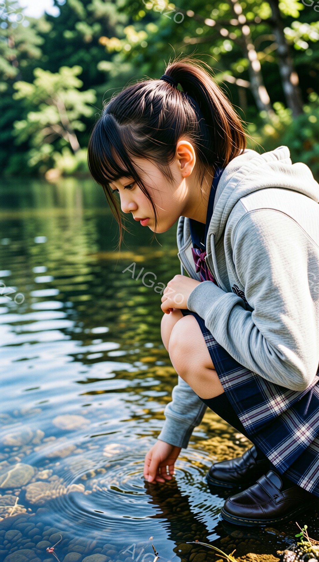 少女はチェック柄のスカートとグレーのパーカーを着て、膝を曲げて水辺に身をかがめています。彼女の黒髪は後ろで一つに結ばれており、水面を見つめながら指を水に触れています。背景には緑豊かな木々が茂り、水面には波紋が広がり、静かで穏やかな雰囲気が漂っています。