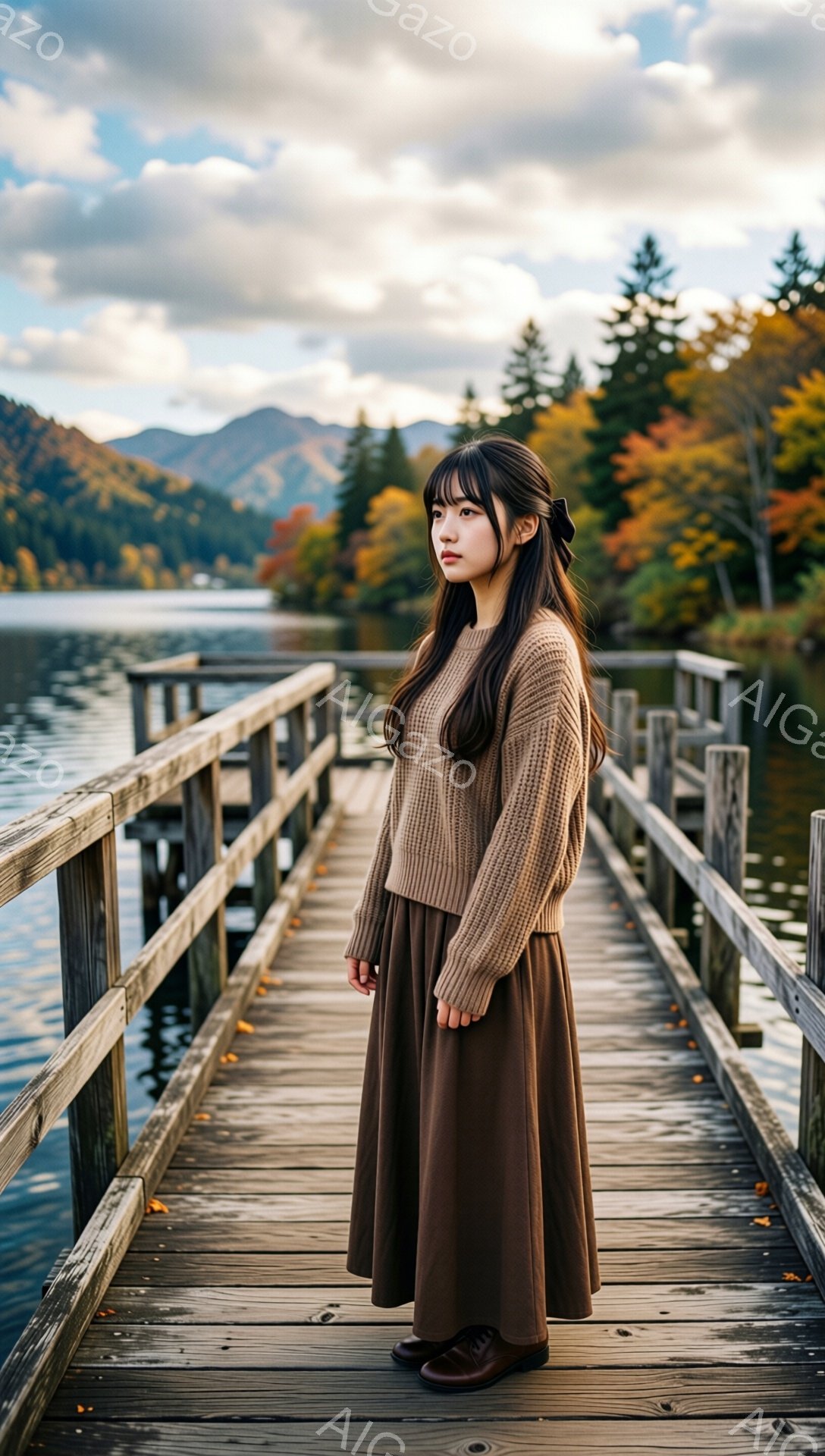 長い茶色の髪を後ろで一つに結んだ女性が、木製の桟橋の上を歩いている。ベージュ色のセーターと茶色のロングスカートを身につけ、黒い靴を履いている。背景には、秋の色づいた山々と穏やかな湖が広がり、少し曇った空が秋の落ち着いた雰囲気を醸し出している。