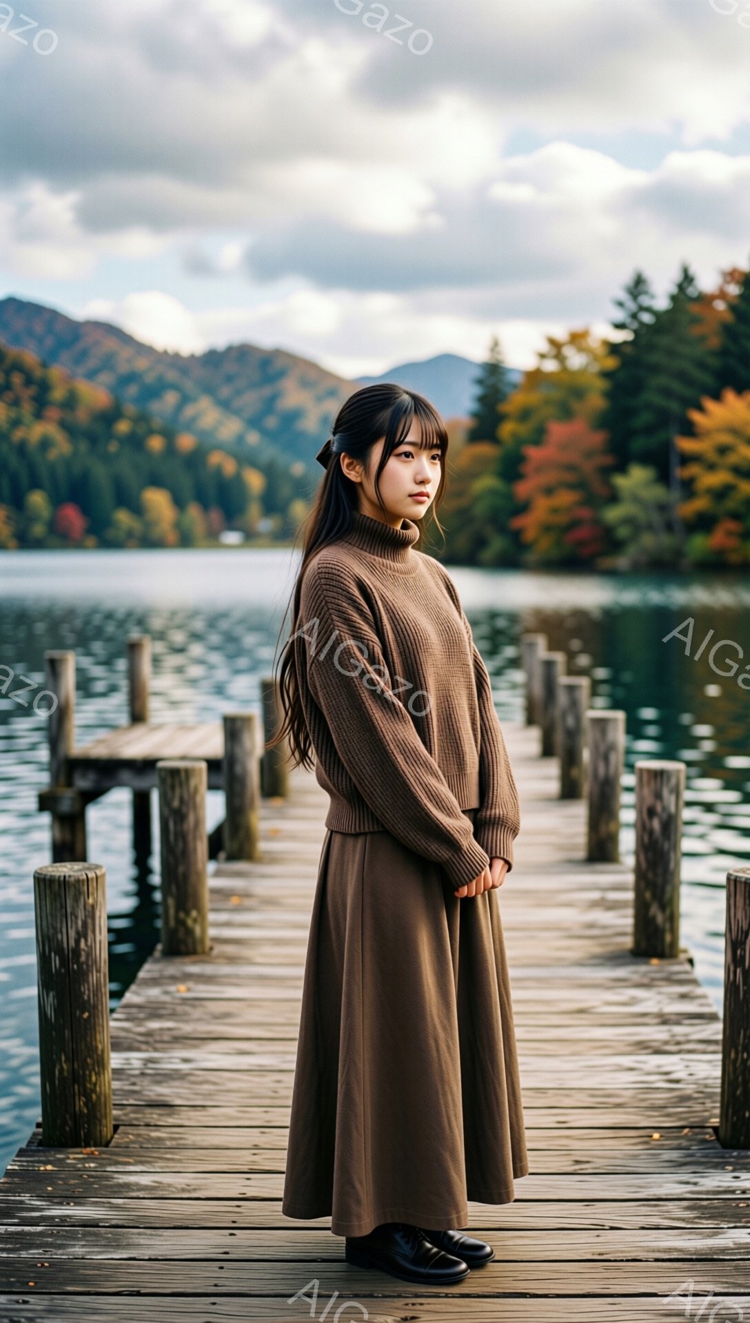 画像には、桟橋の上に立つ女性が映っています。彼女は茶色のセーターとスカートを着ており、長くストレートな黒髪をしています。背景には、秋の紅葉に染まった山々と穏やかな湖が広がり、少し曇り空の下、落ち着いた - AI生成フリー素材