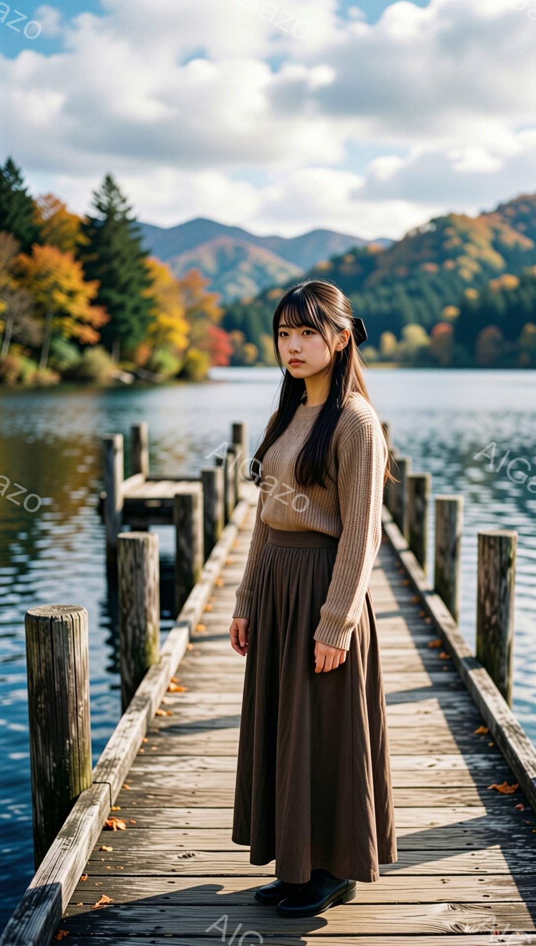 長い黒髪をセンターパートにした女性が、桟橋の上を歩いています。ベージュのセーターと茶色のフレアスカートを着用し、黒いブーツを履いています。背景には、秋色の山々と穏やかな湖が広がり、晴れた空の下、物静か - AI生成フリー素材