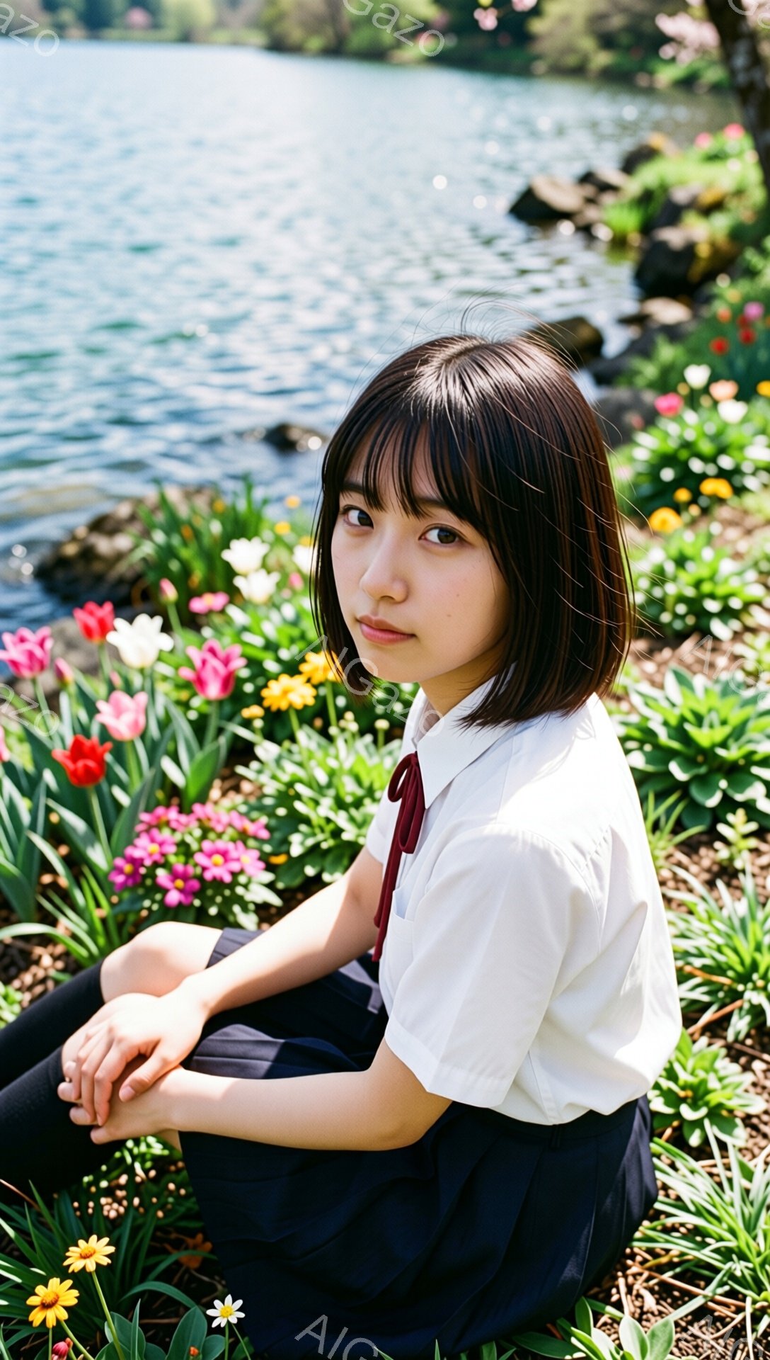 黒髪のショートヘアの少女が、白シャツと紺色のスカート、赤いネクタイという制服姿で花壇のそばに座っている。彼女は少し微笑み、カメラの方を見ている。背景には青い湖と緑豊かな木々が見え、春の穏やかな日差しが - AI生成フリー素材