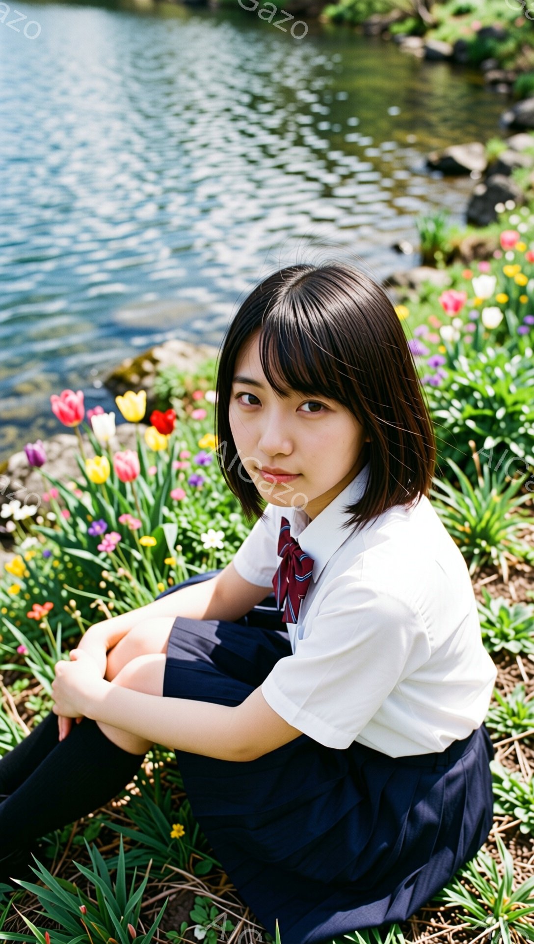 画像は、制服を着た若い女性が、色とりどりのチューリップが咲く草むらに座っている様子を捉えています。彼女は黒いショートヘアで、膝を抱え、少し微笑みながらカメラを見ています。背景には水面がきらめく池があり、穏やかで春らしい雰囲気を醸し出しています。