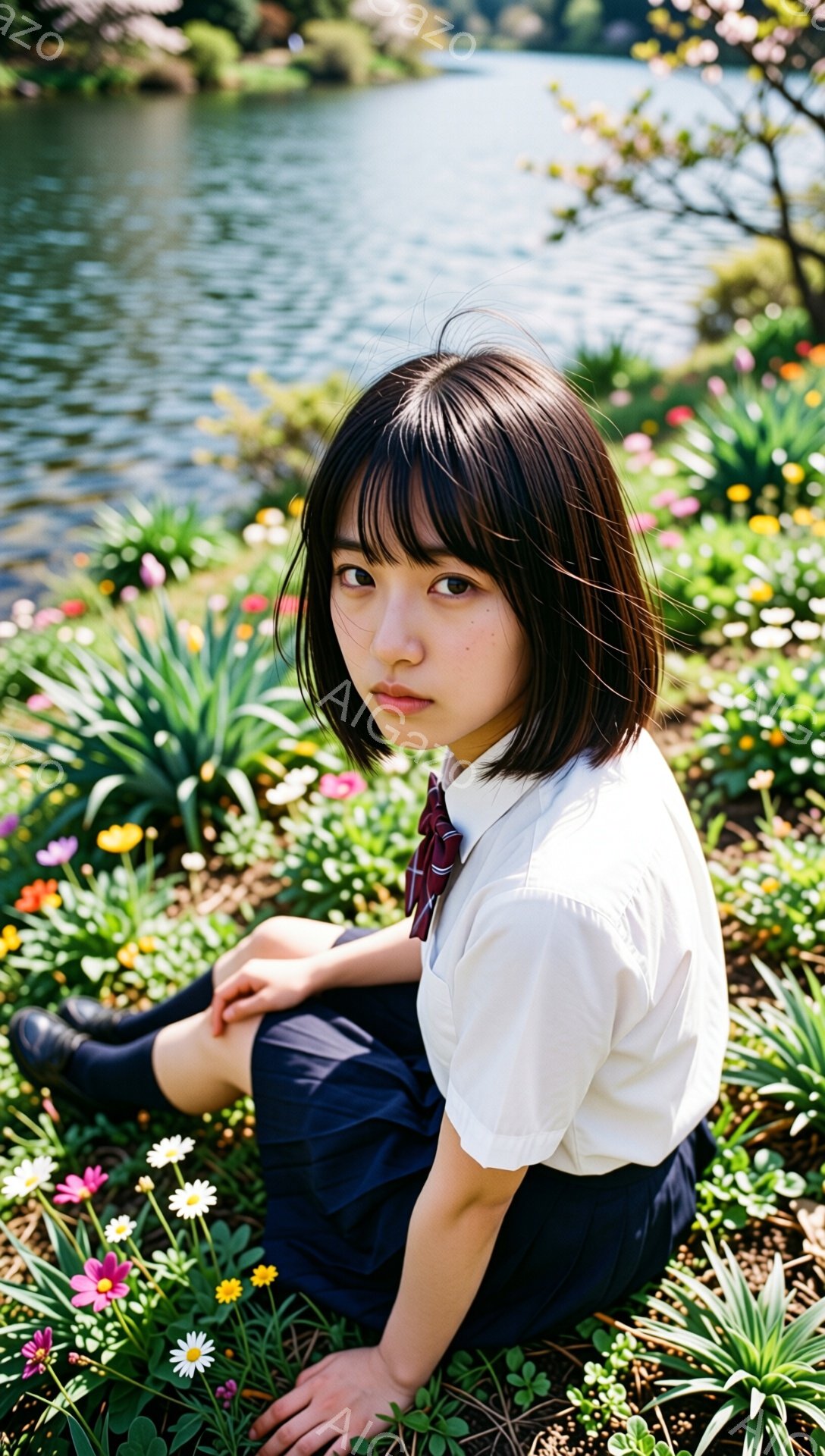 少女は花壇に腰掛け、少しこちらを見ています。紺色のスカートと白いシャツ、赤いネクタイを着用し、黒い靴下と靴を履いています。背景には水面が輝く池と、色とりどりの花々が咲き乱れる自然豊かな風景が広がっています。