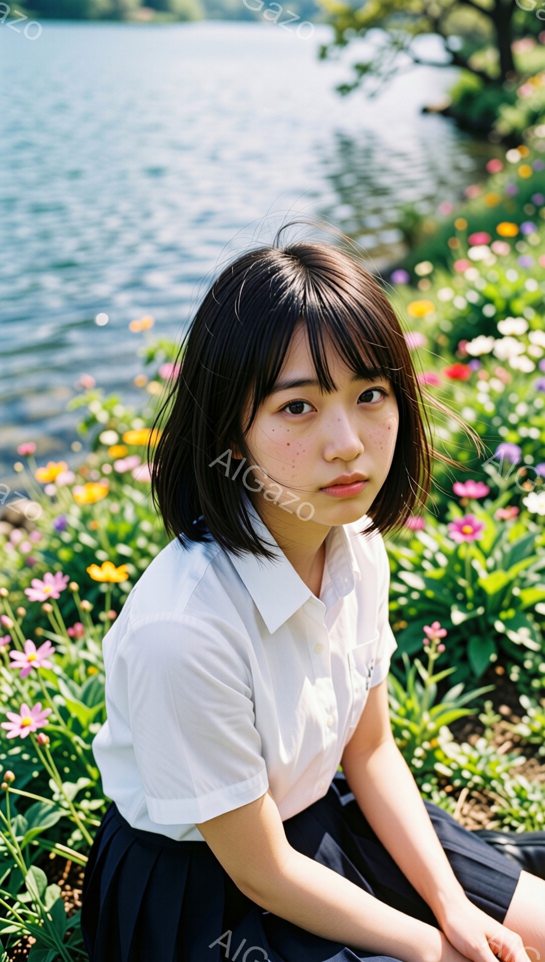 短い黒髪に前髪を少し長めに残した若い女性が、ピンクや黄色の花々が咲き乱れる中に座っています。白いシャツと黒いスカートという制服のような服装で、やや物憂げな表情をしています。背景には水面がキラキラと輝き、緑豊かな自然が広がっています。