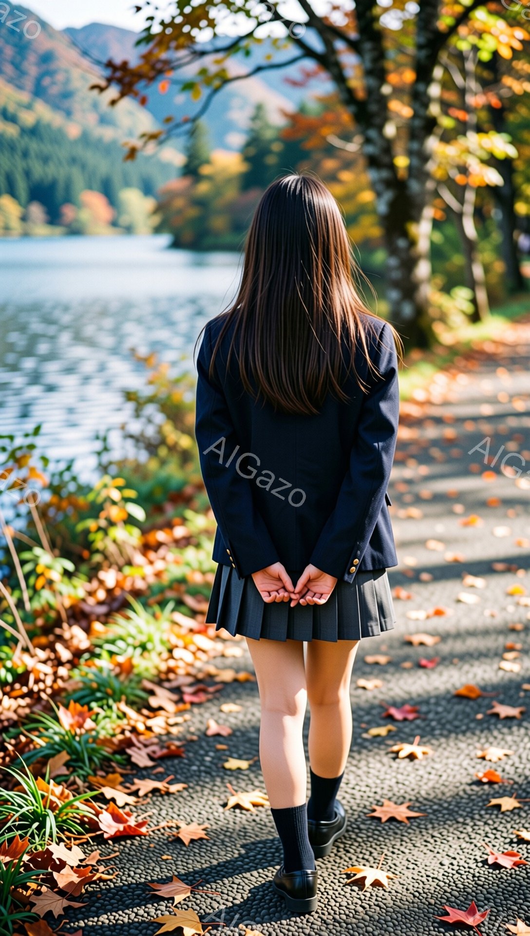 画像は、秋の風景の中を歩く女子高生の背中姿を捉えています。彼女は紺色のブレザーとプリーツスカート、黒い靴下と靴を履き、両手を背中に当てています。背景には湖と紅葉した木々が広がり、秋の落ち着いた雰囲気を醸し出しています。