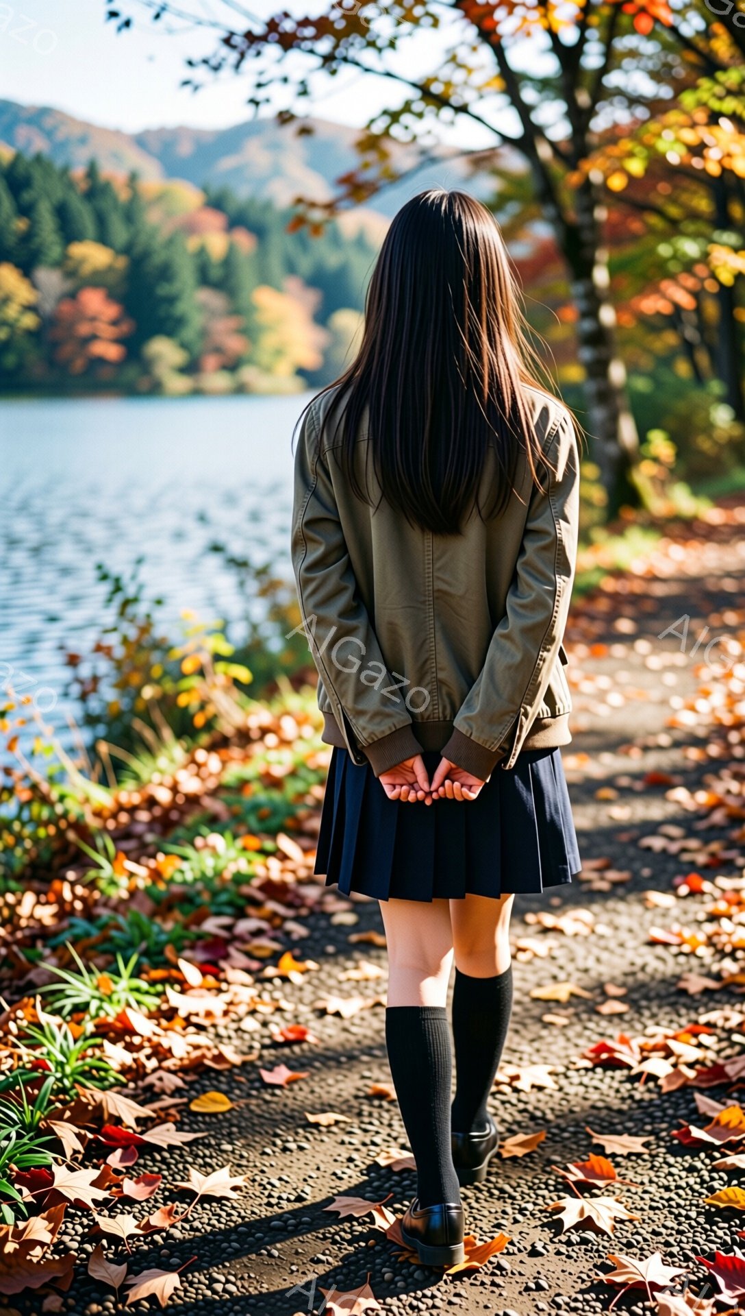 長い黒髪の女性が、茶色のジャケットと紺色のスカート、黒い膝下ソックスと靴を身に着けて、土の道を進んでいます。彼女は後ろ姿で、両手を後ろで組んでいます。背景には、鮮やかな紅葉の木々と穏やかな湖が広がり、秋の落ち着いた雰囲気を醸し出しています。