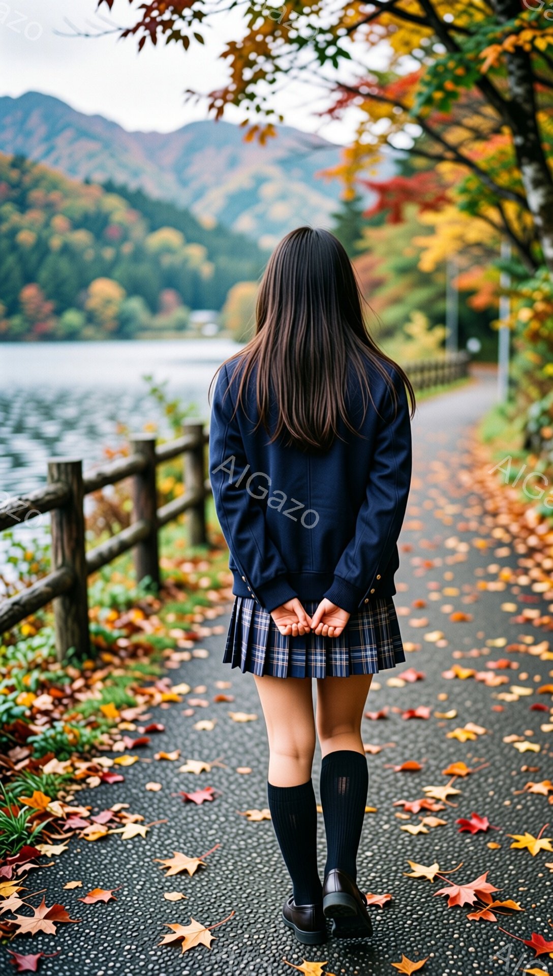 長い黒髪の少女が、湖の傍の道で立っている。紺色のブレザーとチェックのスカート、黒い膝下ソックスに黒い革靴を履いている。背景には紅葉した木々と湖が広がり、秋の寂しげな雰囲気を醸し出している。 - AI生成フリー素材