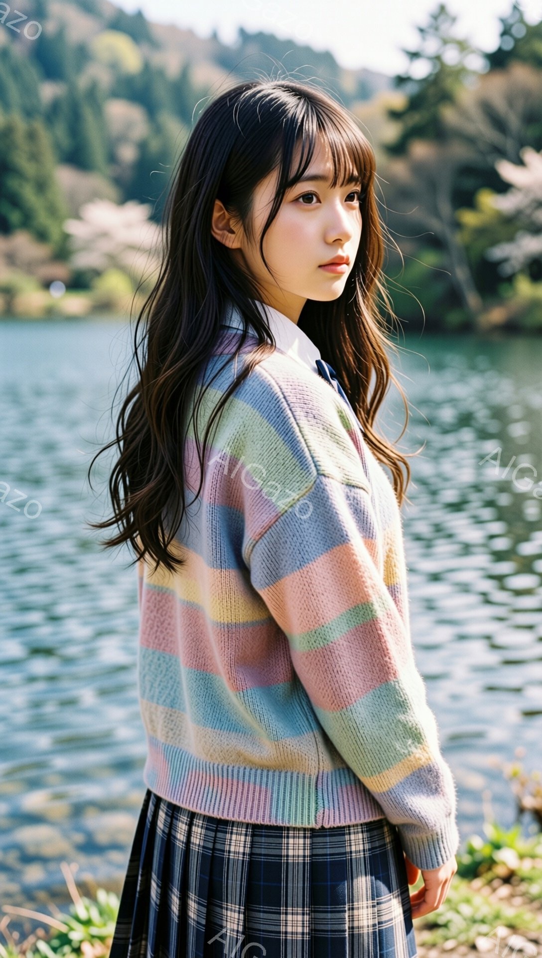 若い女性が、湖を背景に半身像で写っています。彼女はチェック柄のスカートと、パステルカラーのブロック状に色分けされたセーターを着ており、白いシャツが襟元から覗いています。彼女は少し横を向き、憂いを帯びた表情で遠くを見つめており、全体的に柔らかく、どこか物憂げな雰囲気を醸し出しています。