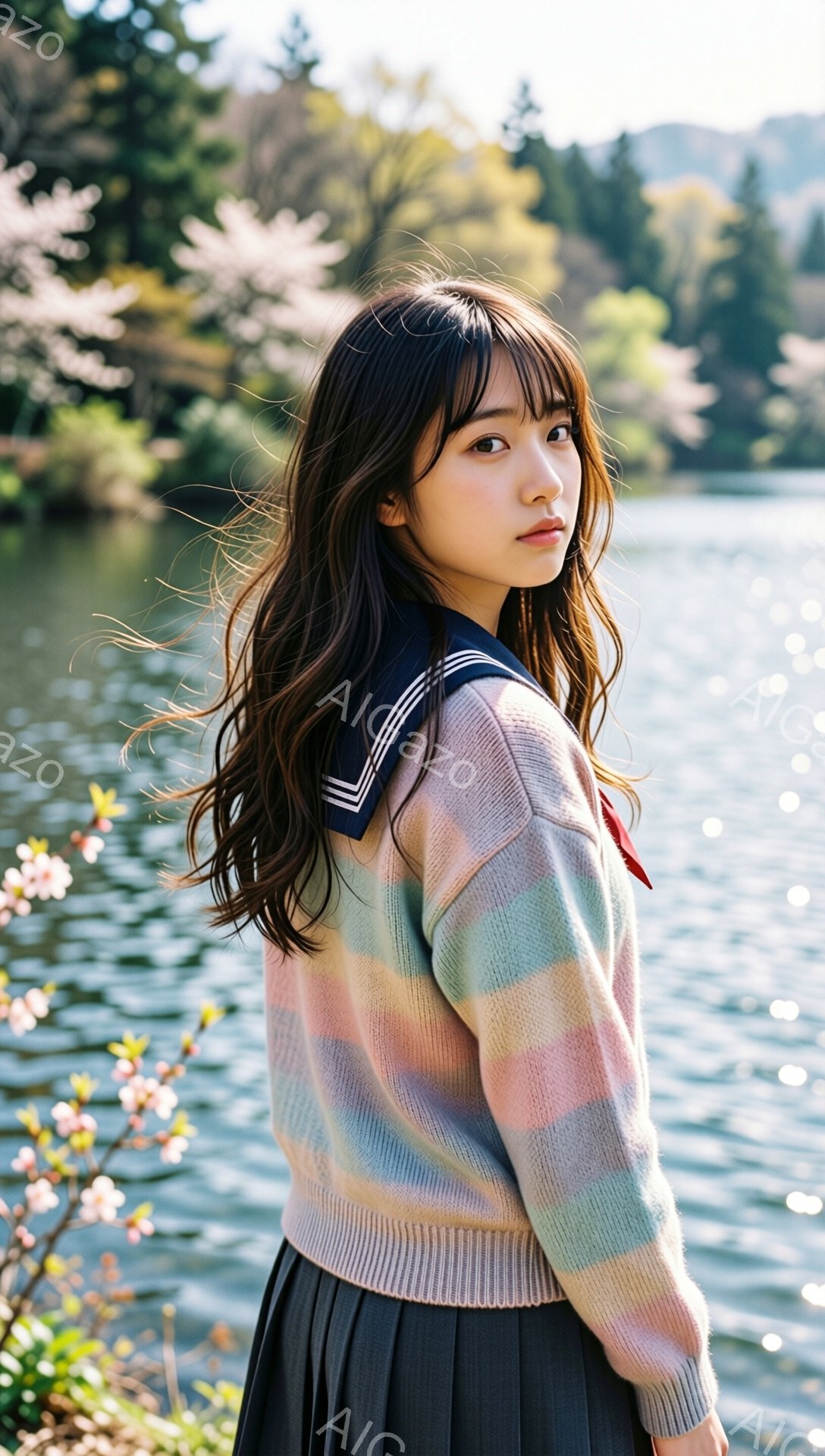 長い黒髪をサイドにかける女性が、湖を背景に立っている。彼女はパステルカラーのストライプセーターと紺色のスカートを着用し、セーラー風の襟が特徴的だ。背景には緑豊かな木々と桜の花が咲き乱れ、穏やかな春の日 - AI生成フリー素材