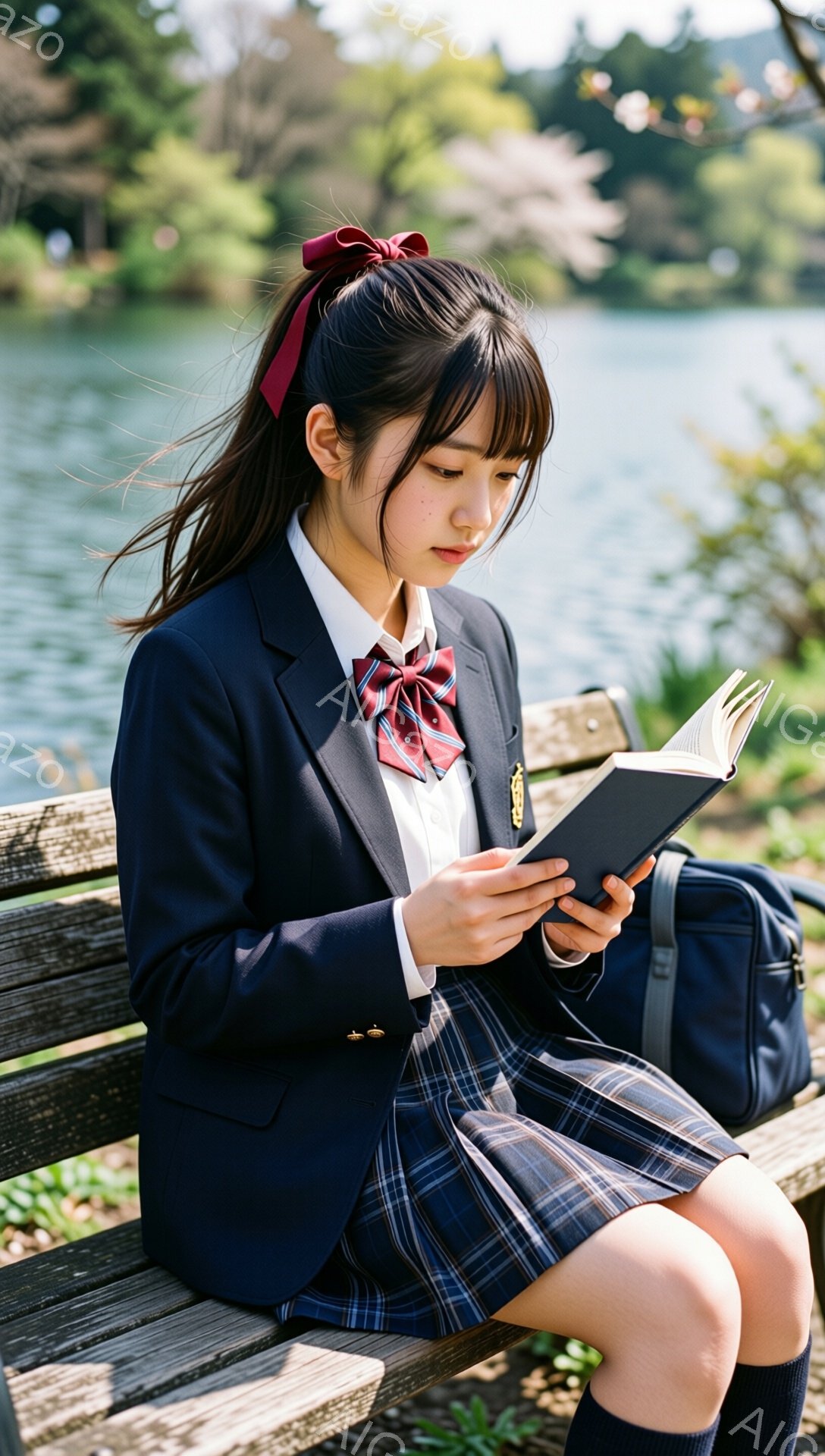 制服を着た若い女性が、湖の近くのベンチに座って本を読んでいる。彼女は紺色のブレザー、チェック柄のスカート、赤いリボンをつけており、姿勢はリラックスしているが集中しているようだ。背景には緑豊かな木々と穏やかな湖が広がり、春の柔らかな光が降り注ぎ、穏やかで落ち着いた雰囲気を醸し出している。