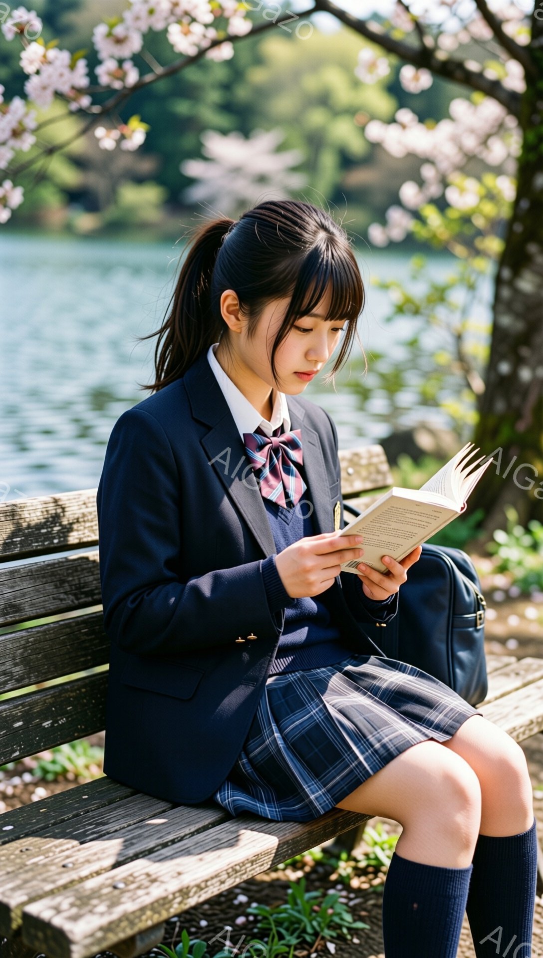 制服姿の女子学生が、桜並木のそばのベンチに座って本を読んでいます。彼女は濃い色のブレザーにチェック柄のスカート、そして膝下まであるソックスを履いており、髪は後ろで一つに結ばれています。背景には穏やかな湖と、満開の桜が咲き誇る春の景色が広がっています。