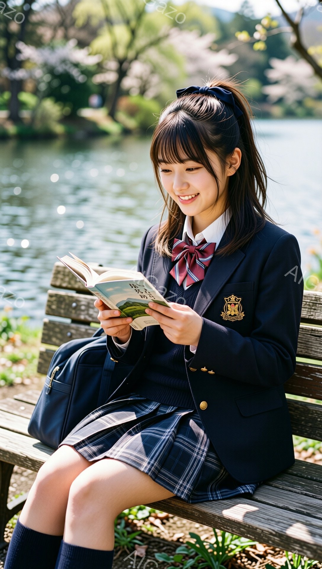 紺色の制服を着た女子学生が、公園のベンチに座って本を読んでいる。彼女は黒髪をハーフアップにし、明るい笑顔を浮かべており、穏やかな春の日にリラックスした様子が伝わる。背景には緑豊かな木々と穏やかな湖が広がり、春の暖かさを感じさせる。