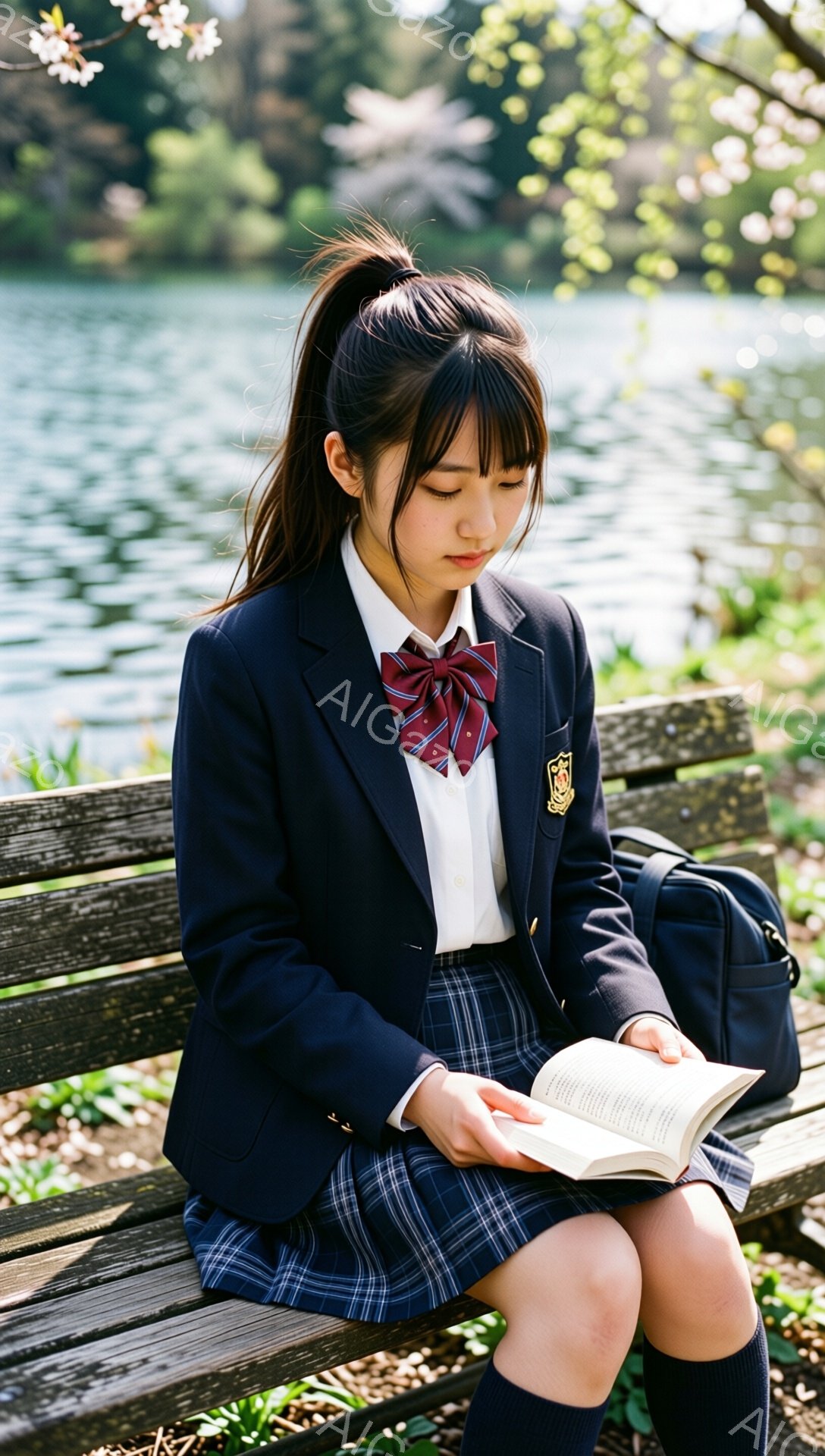 制服を着た女子学生がベンチに座って本を読んでいます。紺色のブレザーにチェック柄のスカート、赤いリボンが特徴的です。背景には穏やかな湖と桜並木が見え、春らしい柔らかな光が差し込んでいます。
