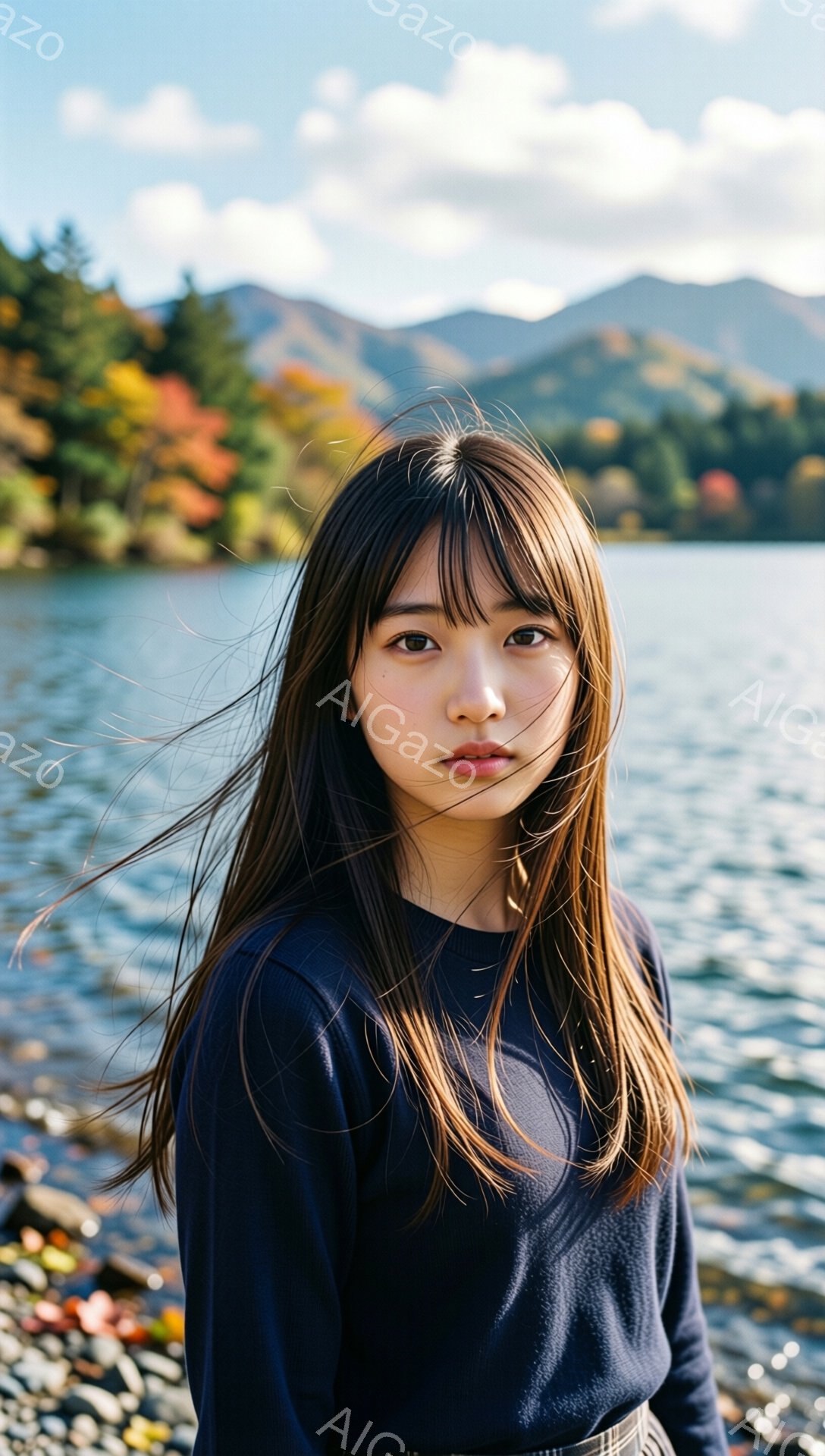 長い黒髪の女性が、紺色の長袖シャツとチェック柄のスカートを着て、湖のほとりに立っている。彼女はやや前かがみになり、強い風に髪がなびいている。背景には、秋の紅葉が美しい山々と、波打つ湖面が広がっており、澄んだ空が秋の静けさを強調している。