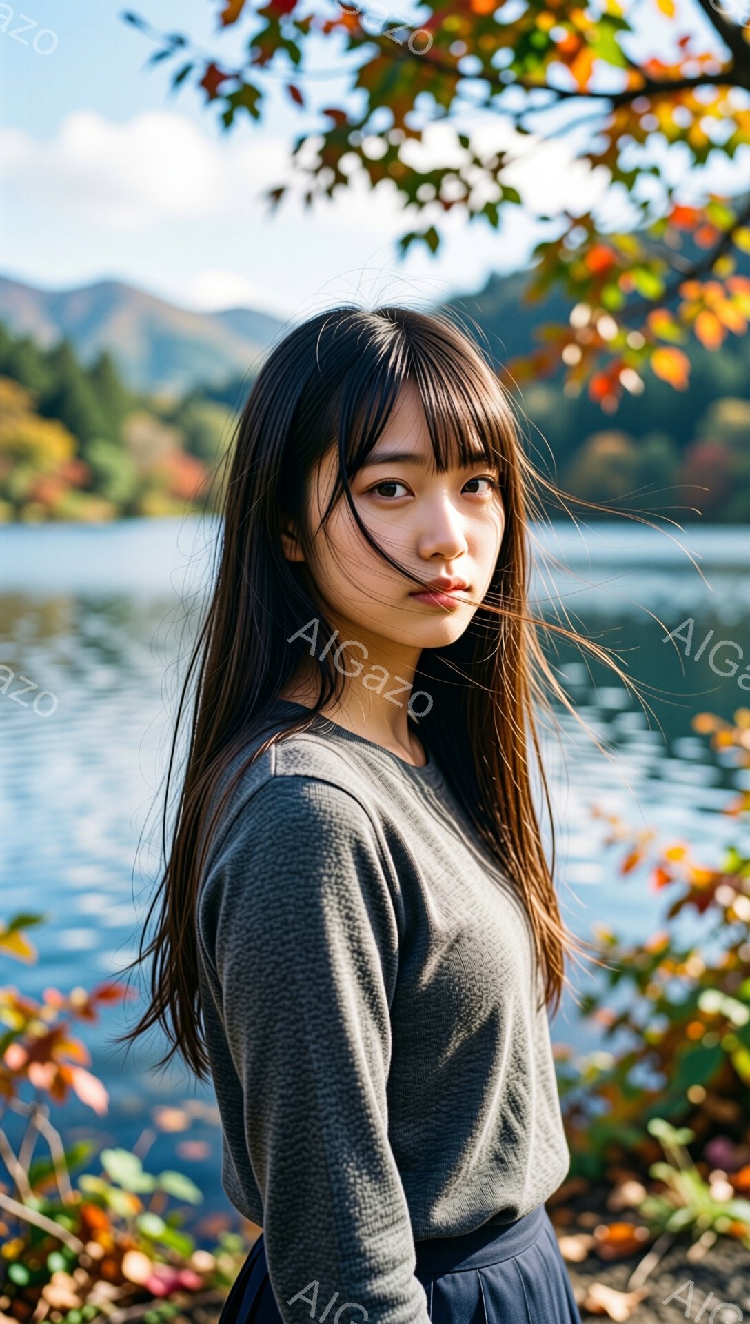 長い黒髪の女性が、灰色のセーターと濃いスカートを着て、少し横を向いて立っています。彼女は穏やかな表情で、背景には水面が輝く湖と、紅葉した山々が広がっています。 全体的に、秋の静かで美しい風景の中で、自然と調和した穏やかな雰囲気が漂っています。