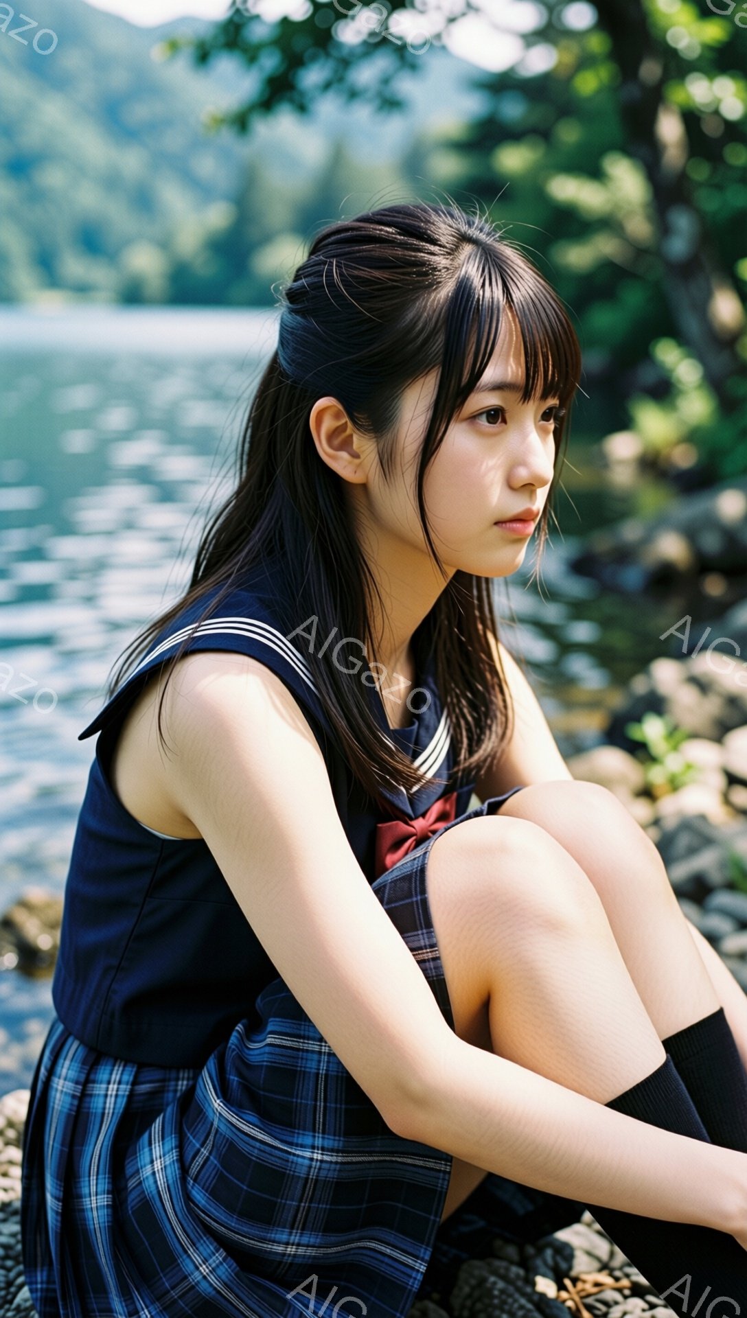 制服を着た若い女性が、岩場で膝を抱えて座っています。彼女は黒髪で、前髪が目に少しかかっています。背景には緑豊かな木々と湖が広がり、穏やかで少し寂しげな雰囲気を醸し出しています。 - AI生成フリー素材