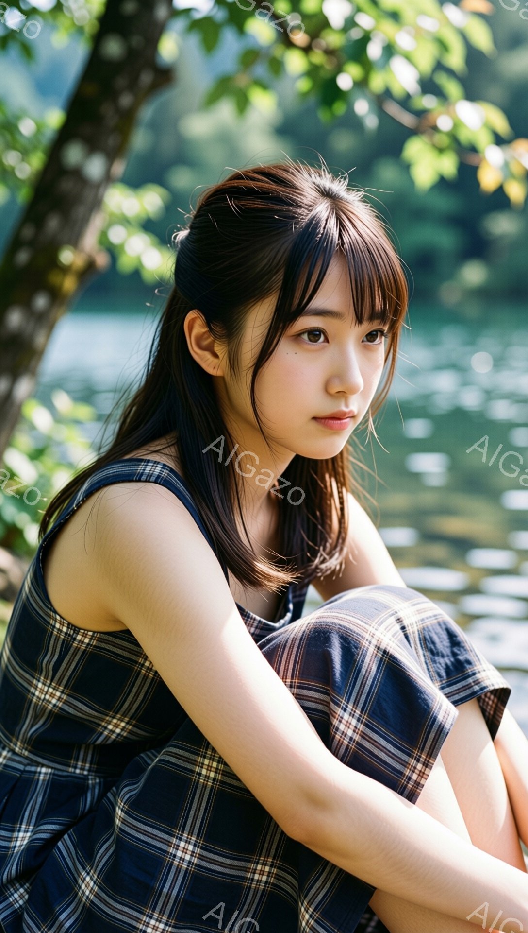 チェック柄のワンピースを着た若い女性が、膝を抱えて座っています。彼女は少し憂いのある表情で、遠くを見つめています。背景には緑豊かな木々と水面が広がり、穏やかで自然な雰囲気が漂っています。