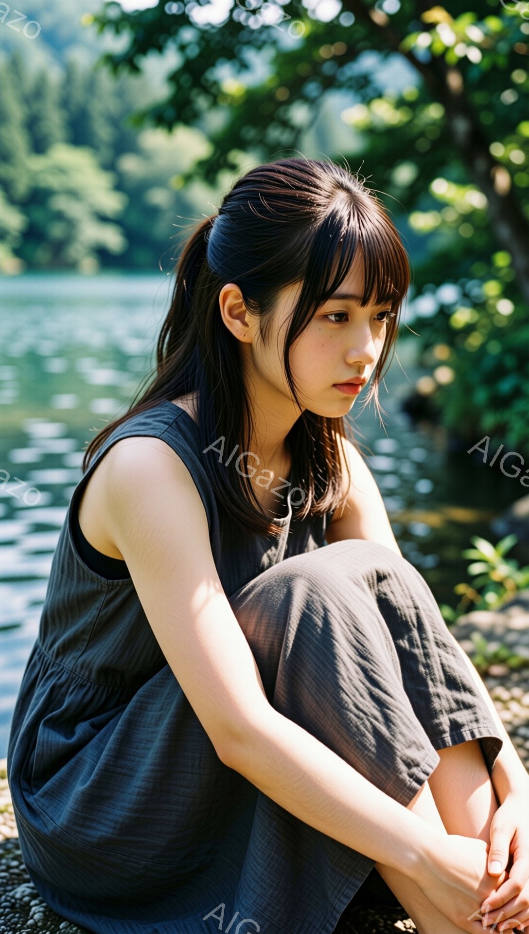 黒髪の女性が、灰色のゆったりとしたワンピースを着て、膝を抱えて座っている。彼女は少し物憂げな表情で、遠くを見つめている。背景には緑豊かな木々と水面が見え、自然の中で静かに過ごしている様子が伝わる。