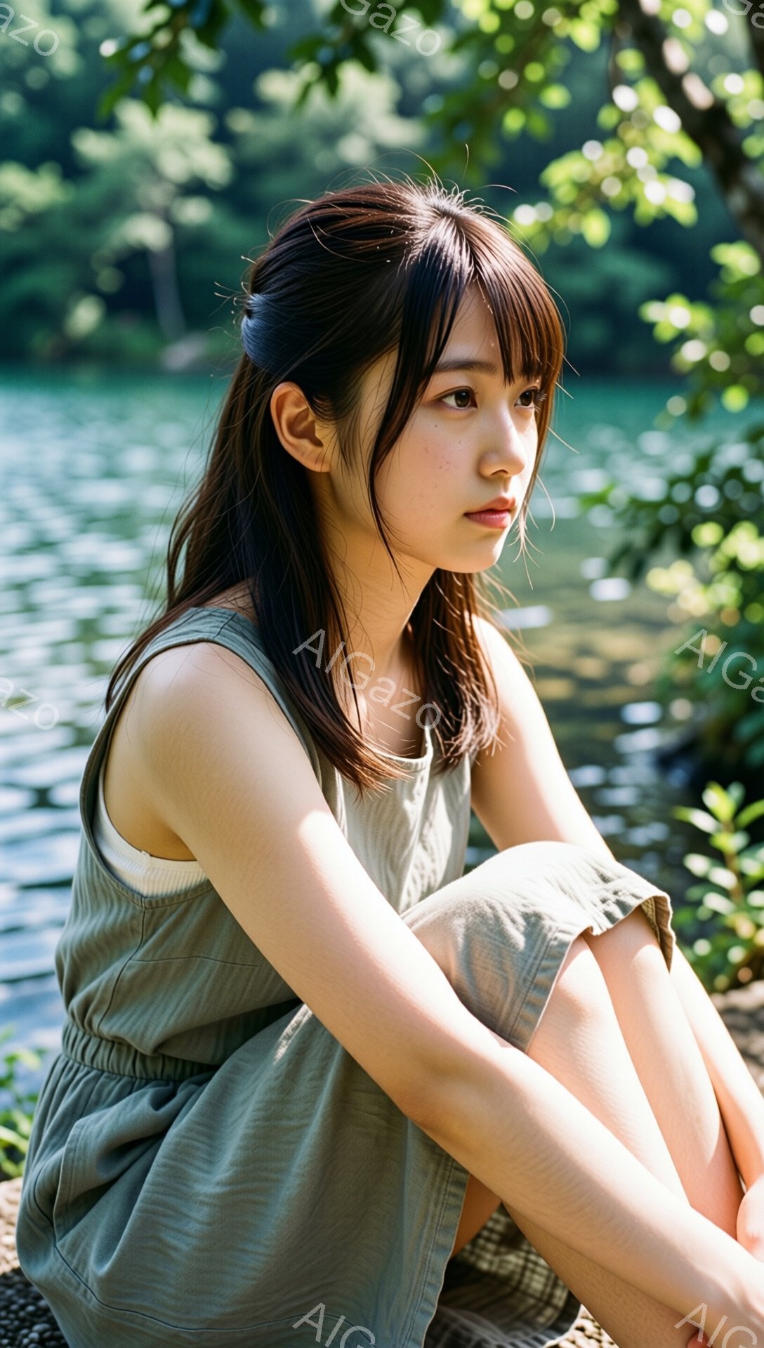 長い黒髪を肩にかけた若い女性が、膝を抱えて座っている。彼女は薄緑色のキャミソール風のワンピースを着ており、わずかに憂いを帯びた表情で、水面を眺めている。背景には緑豊かな木々が茂り、穏やかな湖が広がり、 - AI生成フリー素材